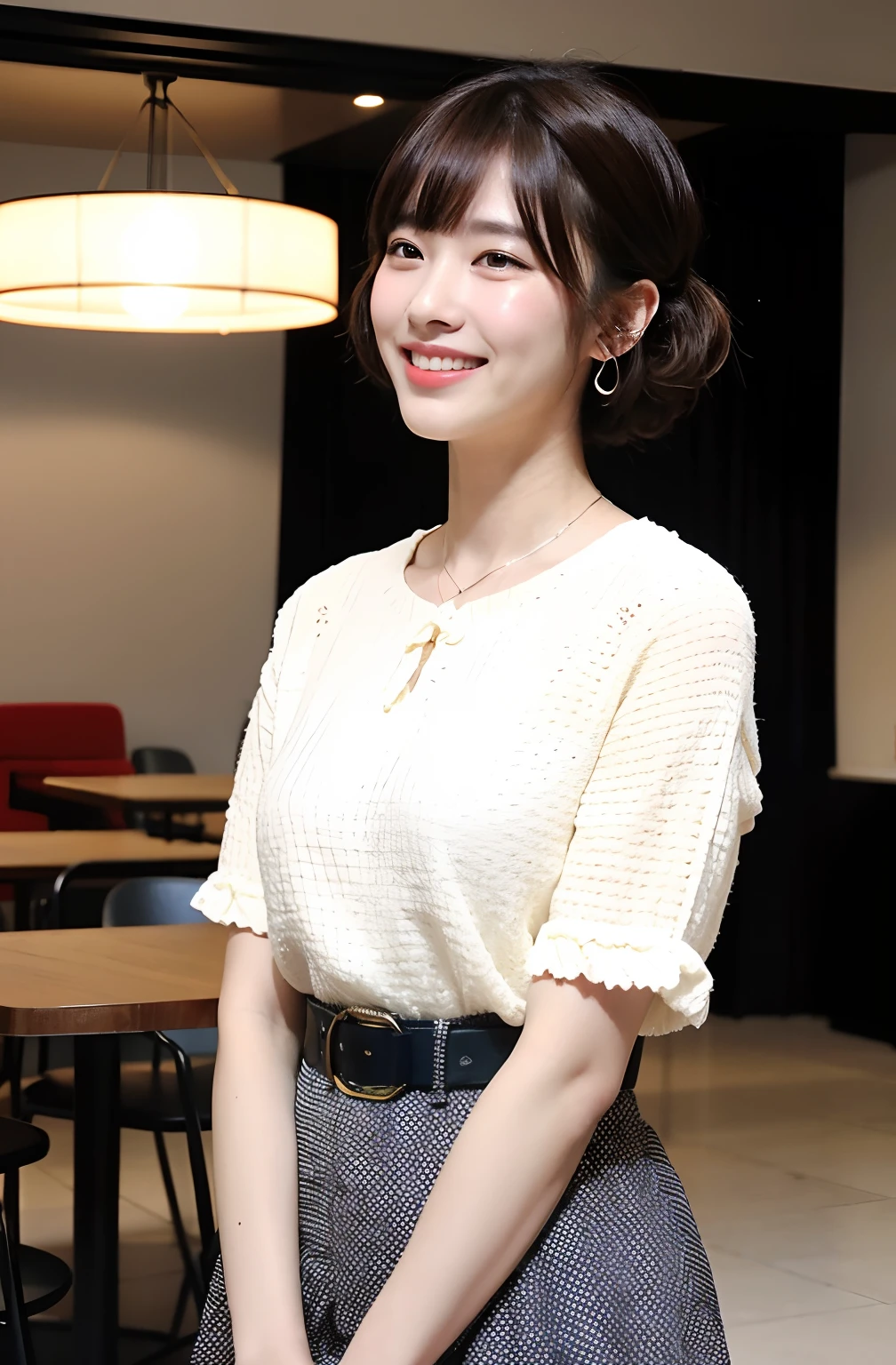 ((8K:1.27)、top-quality、masterpiece、超A high resolution:1.2)Photo Beautiful Japan woman(pleasing:1.1) Elegance、There is a good、Gradient lighting、1girl in、Delicate skin、Look here、Brown-eyed、(short hair with bangs:1.2)、(Medium chest:1.0)、(medium areola:0.8)、(realisitic:1.4)、(top-quality:1.0)、(超A high resolution:1.0)、8K、Raw photography、(masterpiece:0.2)、(pureerosface_v1:0.5)、 Fashion of the 60s、Clothes with classic designs、Actress style of the 60s、Retro dresses、classical、Clogged neck design、Neck design is roller color、White polka dots、Pop、a belt、Large dot pattern、White polka dots on navy blue fabric、shortsleeves、Chest invisible design、Kamimei、excited expressions、Red cheeks、want me、Staring at this、cafes、Table seating、subject、look down from above、Lean、、Watched、Good posture、up chest、up chest、SLR、Theatre Lobby、Small handbags、Staring at this、Laugh、Looks fun、Breast bulge、Super Super Mini Skirt、Futomo、big butts、Lighting from below、