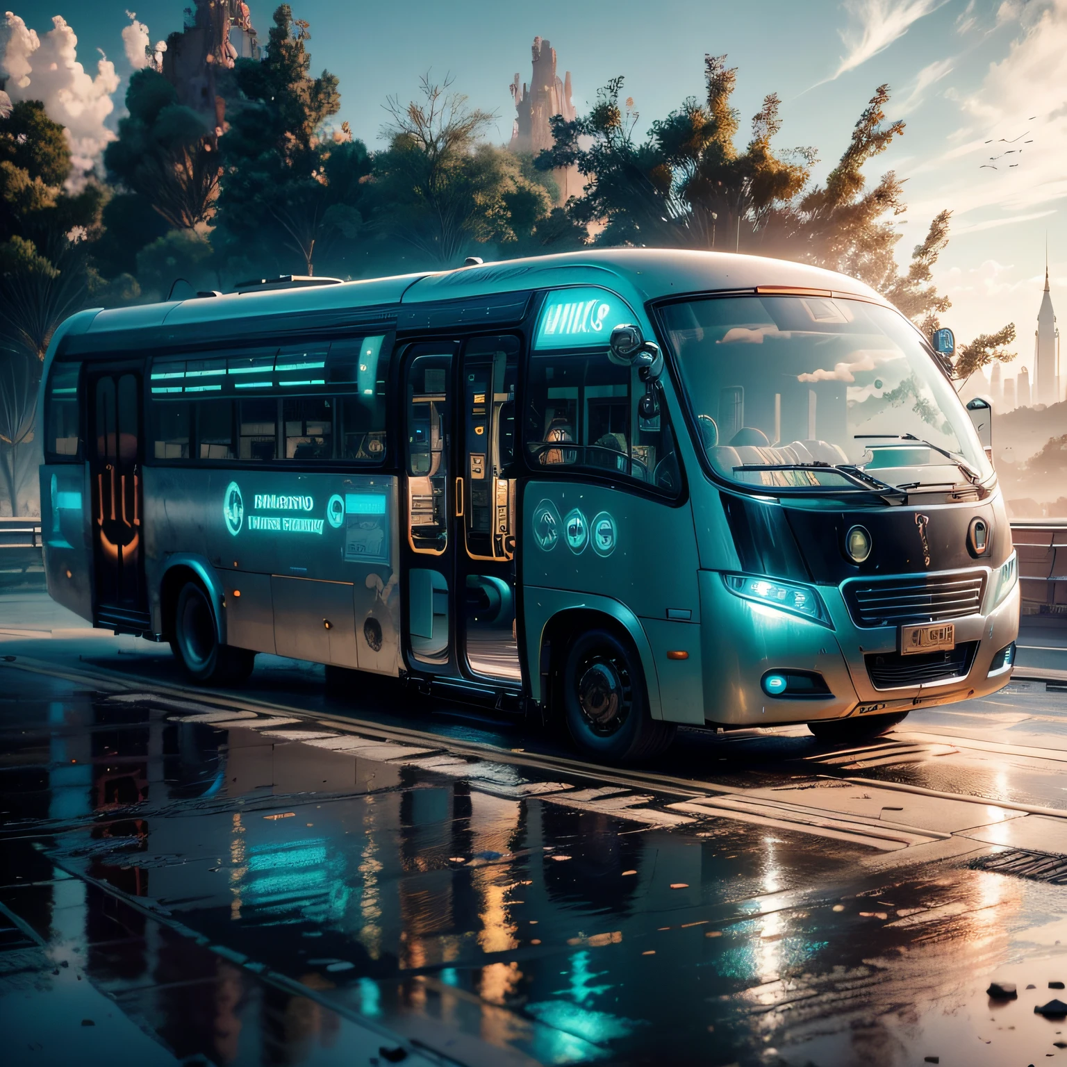 futuristic bus, brancos de fundo, Corpo Steampunk, detalhes intrincados, Magnificent, cinemactic, high resolution, 4k,