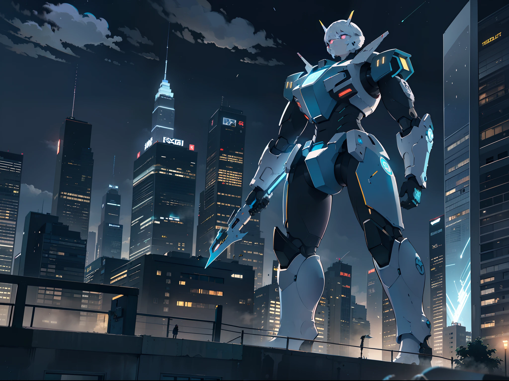 sky, cloud, holding_weapon, no_humans, glowing, , robot, building, glowing_eyes, mecha, science_fiction, city, realistic,mecha