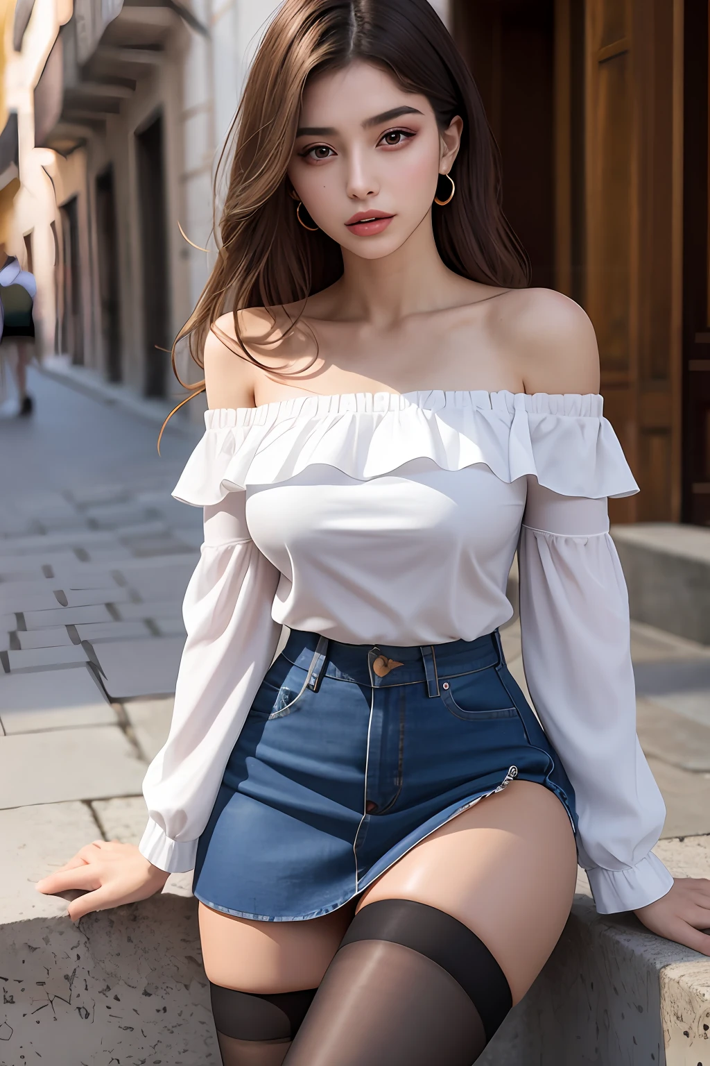 a beautiful 20yo spanyol woman, off-shoulder shirt, high waist short skirt , thighhighs