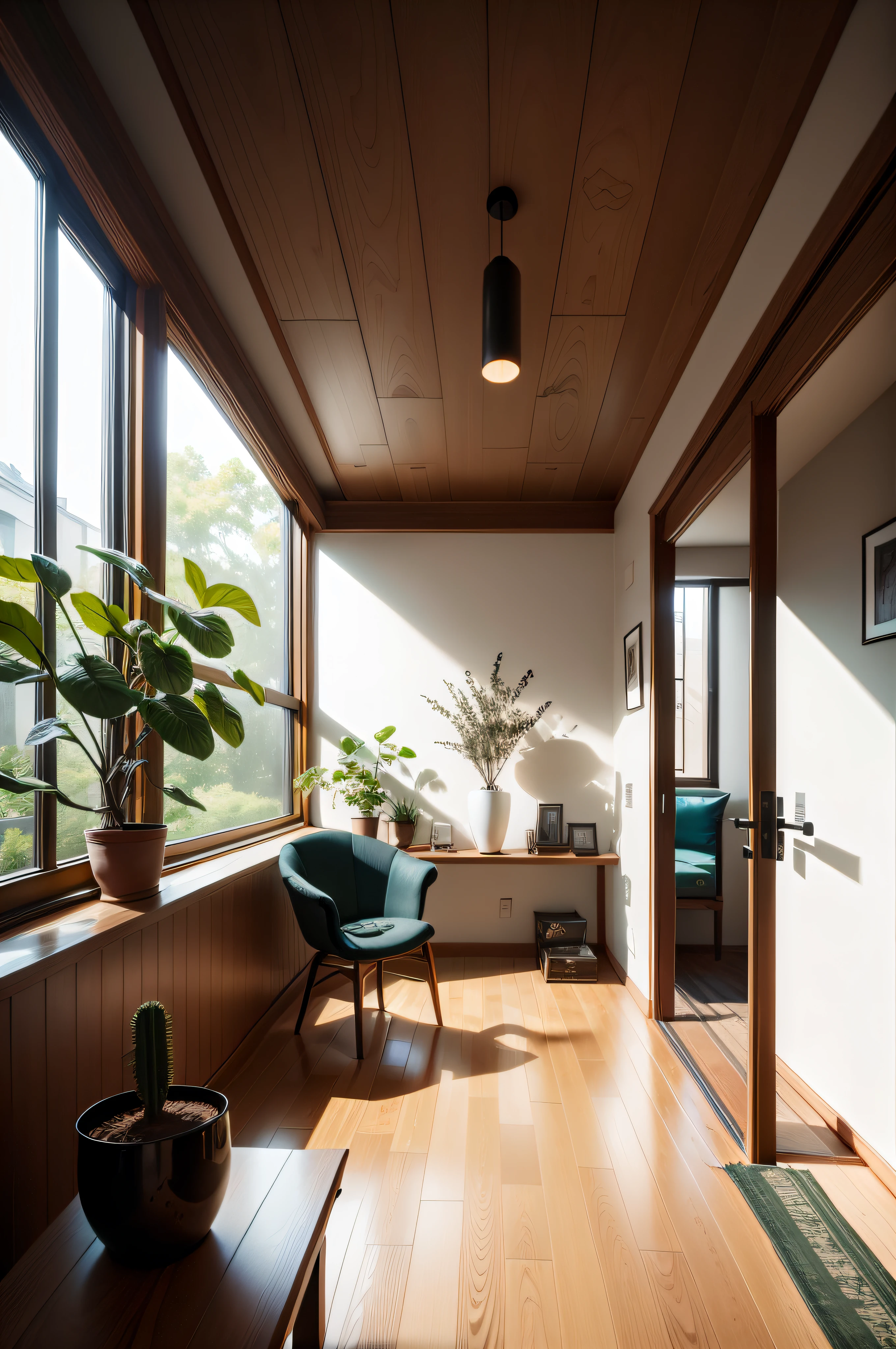 interior design、Insanely detailed wide-angle architectural photo、Cozy contemporary living room、(Bright and warm sunlight 1:0.1)、Award-winning contemporary interior design、landscapes、The table、a chair、in a house、Wooden flooring、window、resturant、east asian east asian architecture、sliding paper doors、abajour、architectural、the woods、naturey、cups、a plant、interior design、Insert lighting and shadows、depth of fields、low illuminance