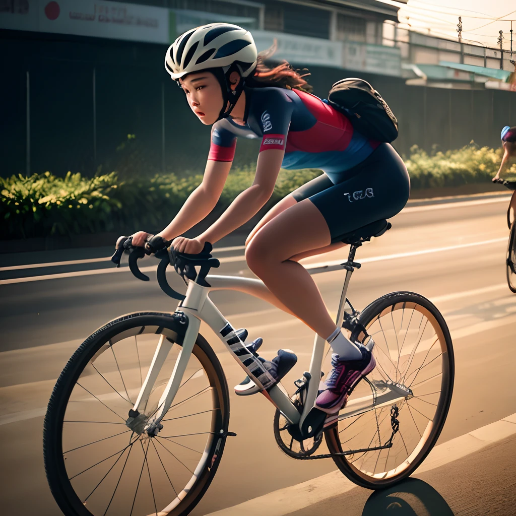 Realistic photography of Indonesian young woman riding sport bicycle on Jakarta street, normal skin, high detail, dawn.