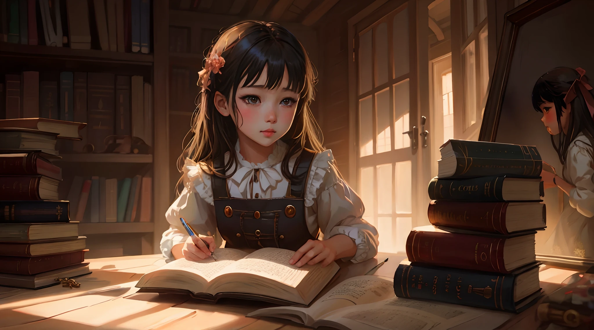 There's a girl who's reading a book in the room, painting digital adorable, Arte infantil em Artstation, pintura realista da ****** bonito, Arte no estilo de Guweiz, retrato do livro do RPG, pintura de personagem bonita, retrato do livro, Directed by: Yeong-Hao Han, storybook realism, Directed by: Yanjun Cheng, arte digital detalhada bonito, fantasy book illustration