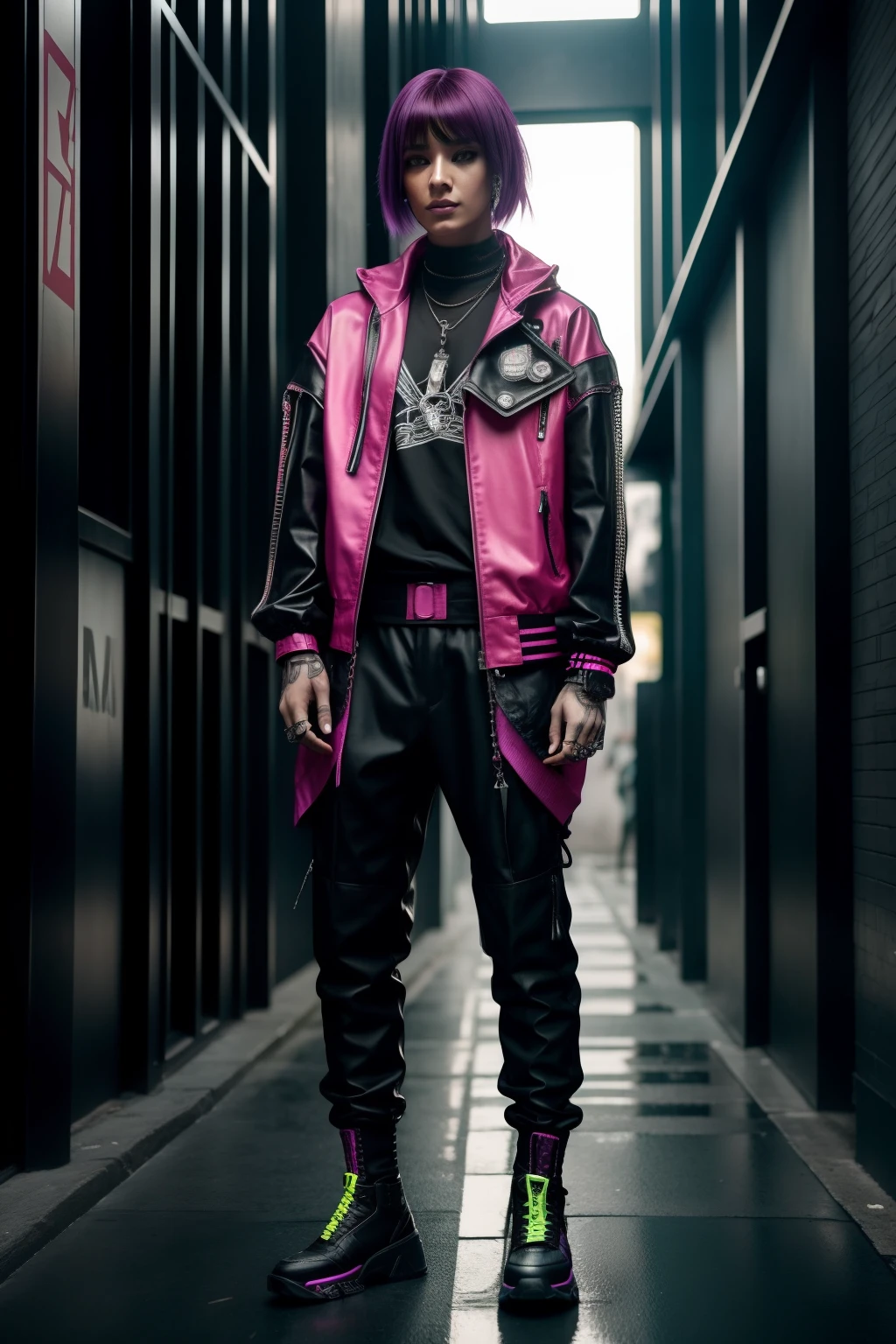 A beautiful goth woman with magenta hair, wearing black pants, e jaqueta rosa vibrante, blusa preta por baixo da jaqueta com estampa de smile, estilo cyberpunk hiper-realista, Estilo cyberpunk, hiper-realista, moda cyberpunk, cor estilo cyberpunk, roupas cyberpunk, tem estilo cyberpunk, no estilo cyberpunk, Streetwear Cyberpunk, Estilo de terror cyberpunk, em cyberpunk city, cores cyberpunk, Cyberpunk vestindo, cyberpunk olhar, Arte cyberpunk 8K ultrarrealista, Estilo de arte cyberpunk, Estilo de arte cyberpunk, mulher