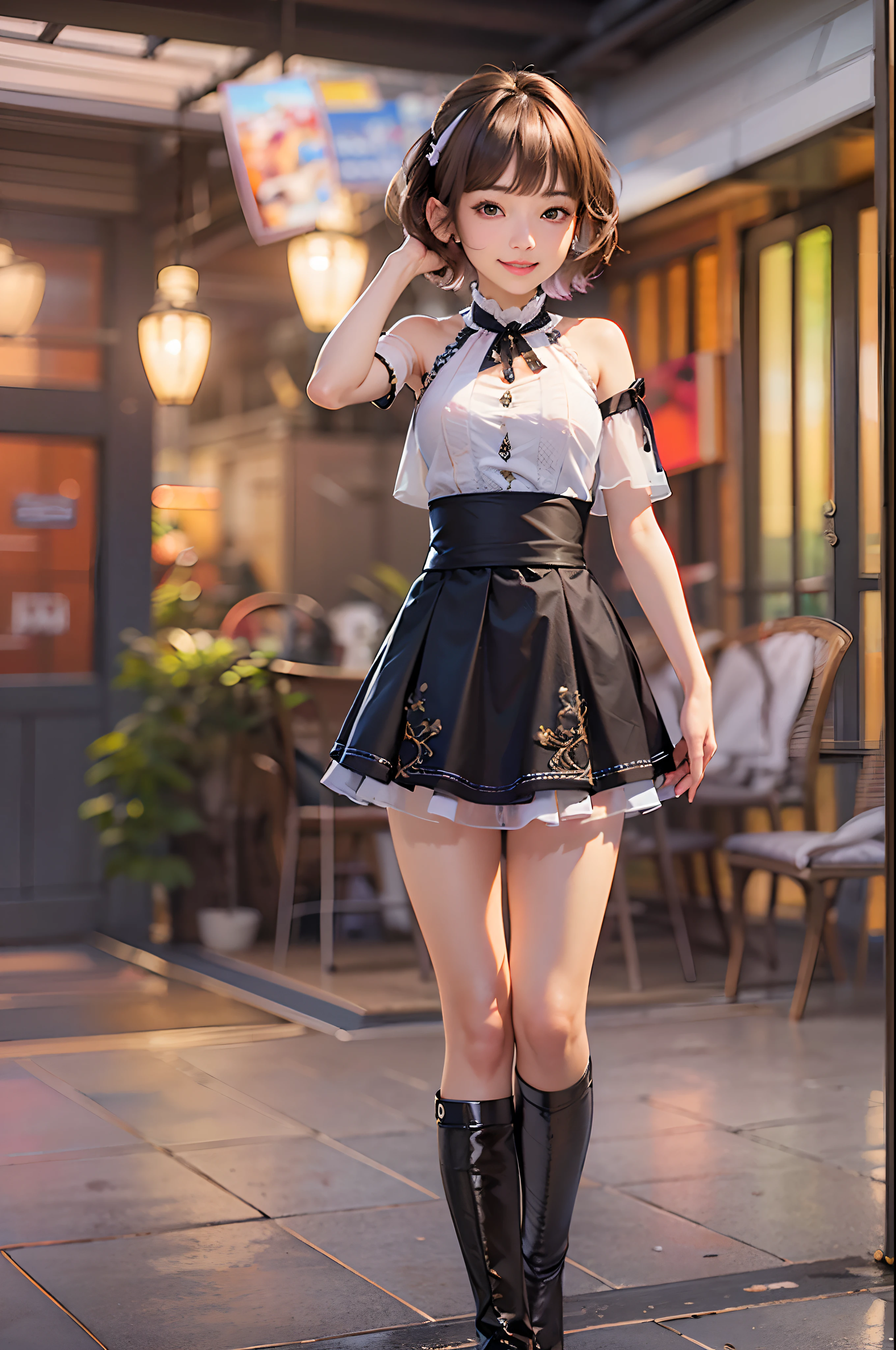 (RAW photo:1.2), (photorealistic:1.4),(masterpiece:1.3),(best quality:1.4),ultra high res,(detailed eyes),(detailed facial features),(detailed clothes features),HDR,8k resolution, solo focus, bangs, skin tight, (shiny skin),(slender girl),dreamlike, (extreme detailed illustration),check commentary,commentary request,scenery,no text, VirtualGirl-Rin, small breasts, bob hair, short hair, brown hair, brown eyes, 1girl, full body, White super tight mini dress, happy,smile