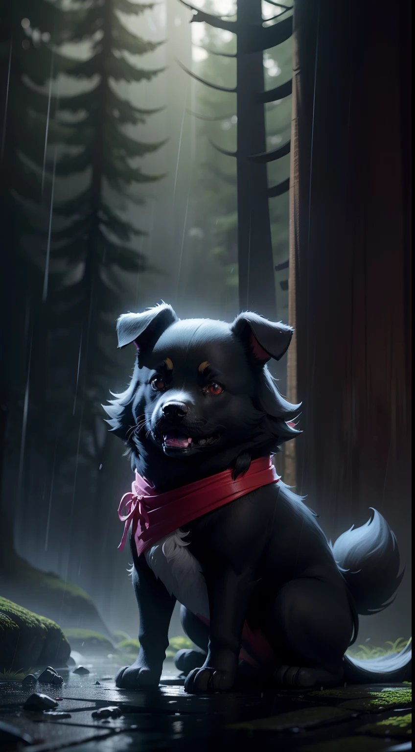 Create a vibrant dark fantasy cute ninja dog in a clean-lined minimalistic cartoon style, in the background a beautiful forest, rain, octane render, 8k
