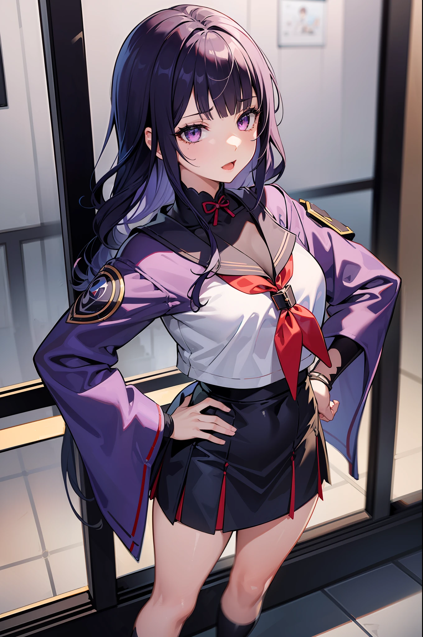 MKSKS style, (Very detailed background:1.0), (highly detailed back ground:1.0), 1girll, full_Body,,frontage,Masterpiece, Best quality, (1girll, Solo, Girl:1.2), serafuku,ahegao,standing,hand on hip