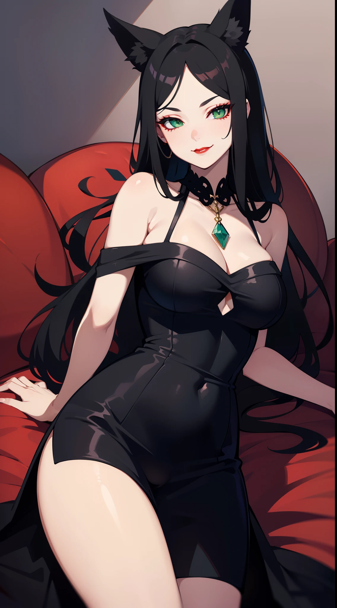Adult woman, pale skin, Long black hair, Fox ears, Green eyes, red eyeshadow, red lipstick, Black Magic Dress, open breasts, smirk, Masterpiece, hiquality