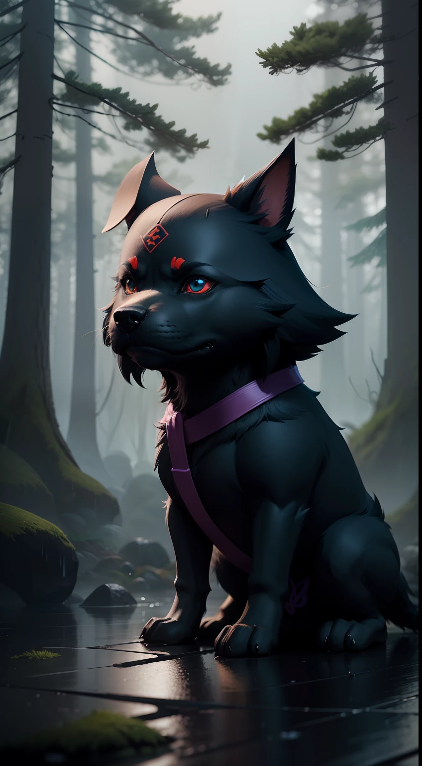 Create a vibrant dark fantasy cute ninja dog in a clean-lined minimalistic cartoon style, in the background a beautiful forest, rain, octane render, 8k