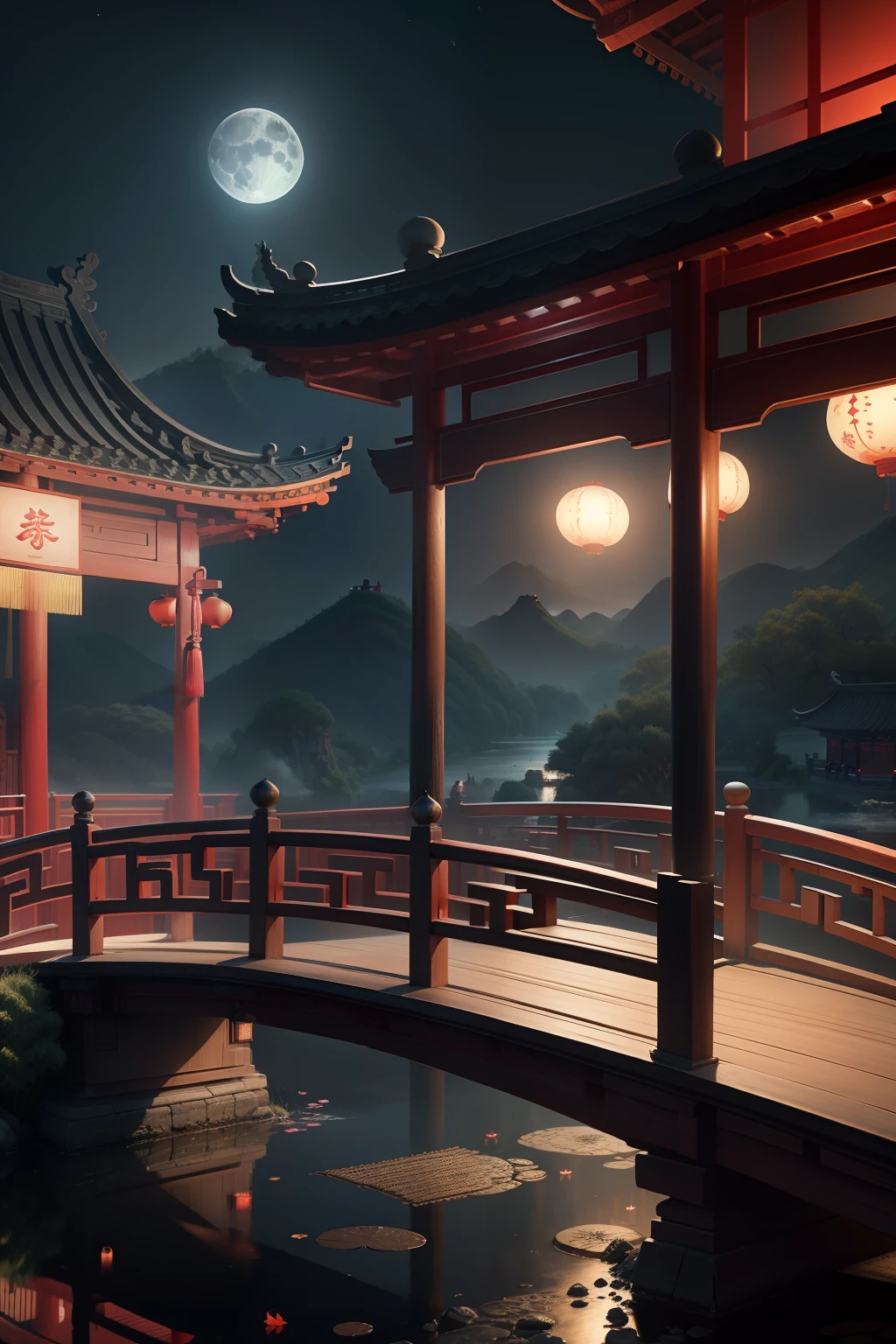 China-style,Ink landscape,Pavilion in the distance,small bridge flowing water,Tea and moonlight,milk tea,themoon,Qixi Festival,人物,Valentine's Day,branding,HD 4K,3D,ultraclear,Totem pattern,Textured shading