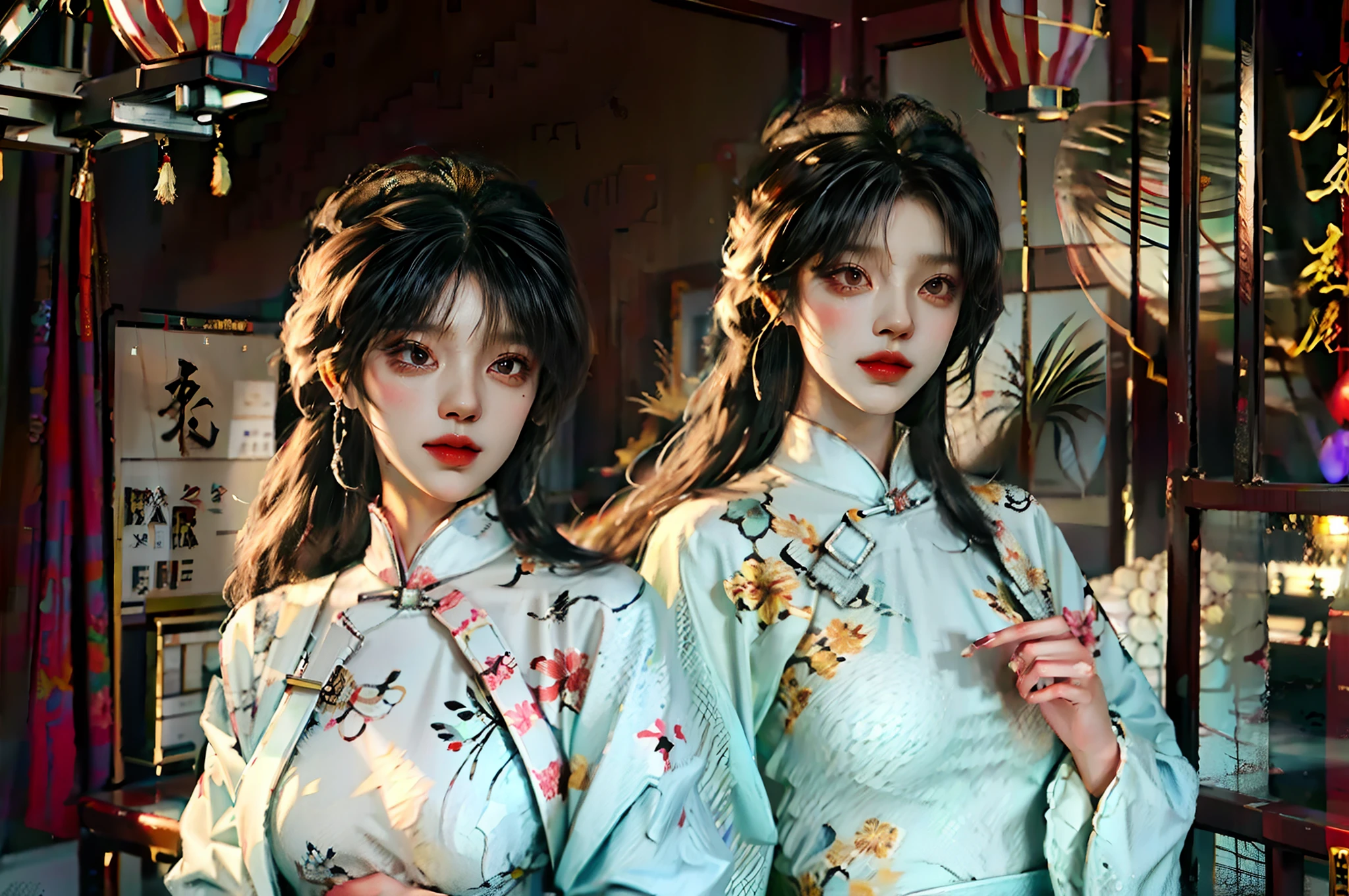 Chinese，anime big breast，handpainted，Background with，heal，Artistic sense，Out of focus，both sexes，couple