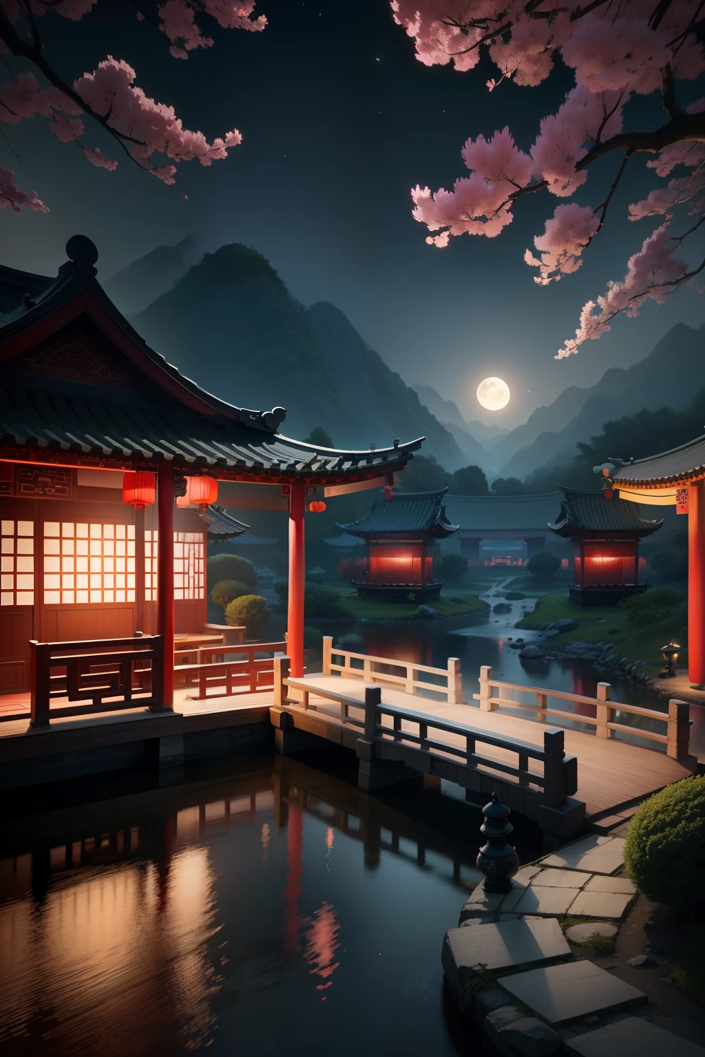 China-style，Ink landscape，Pavilion in the distance，small bridge flowing water，Tea and moonlight，milk tea，themoon，Qixi Festival，人物，Valentine's Day，branding，HD 4K，3D，ultraclear，Totem pattern，Textured shading