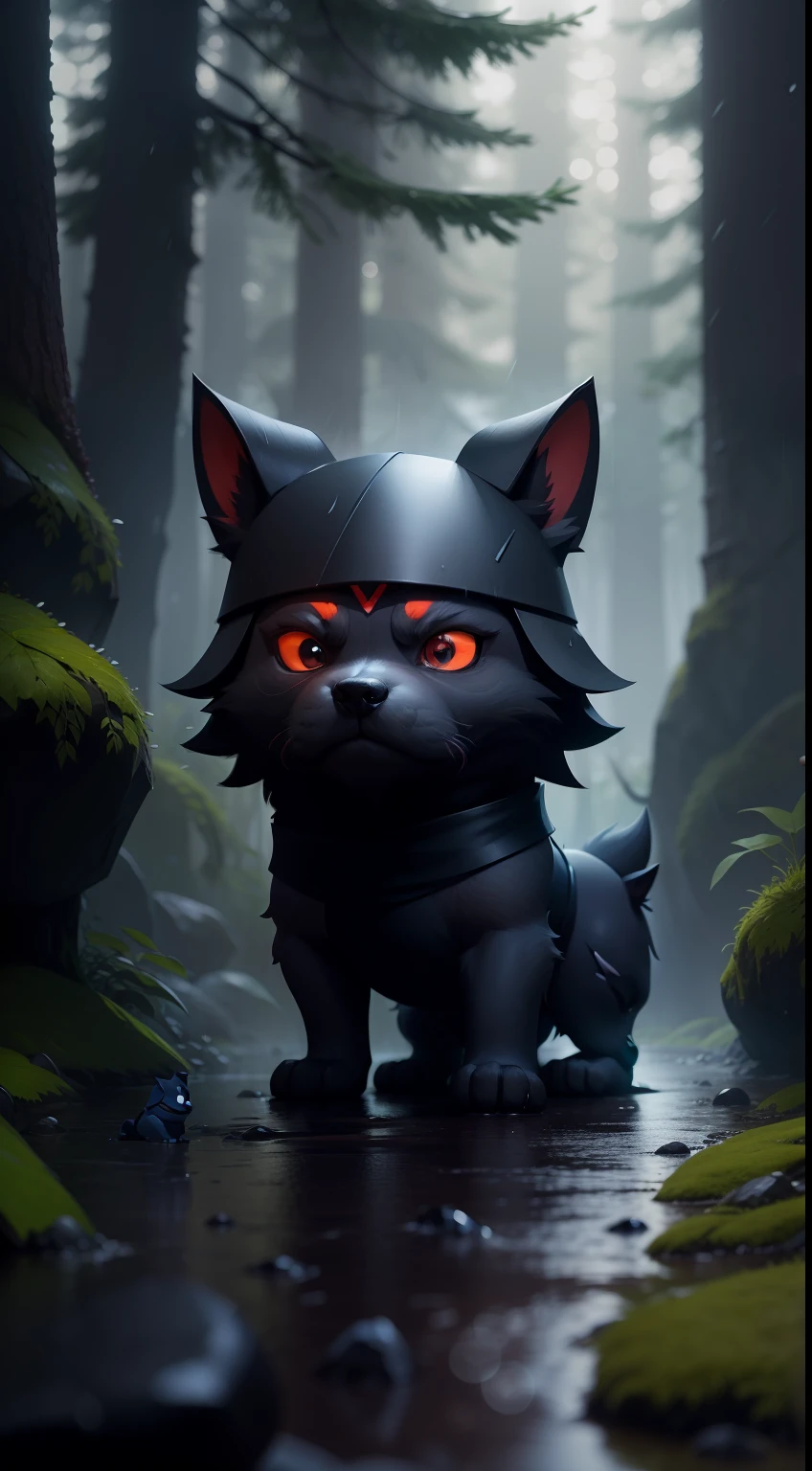 Create a vibrant dark fantasy cute ninja dog in a clean-lined minimalistic cartoon style, in the background a beautiful forest, rain, octane render, 8k