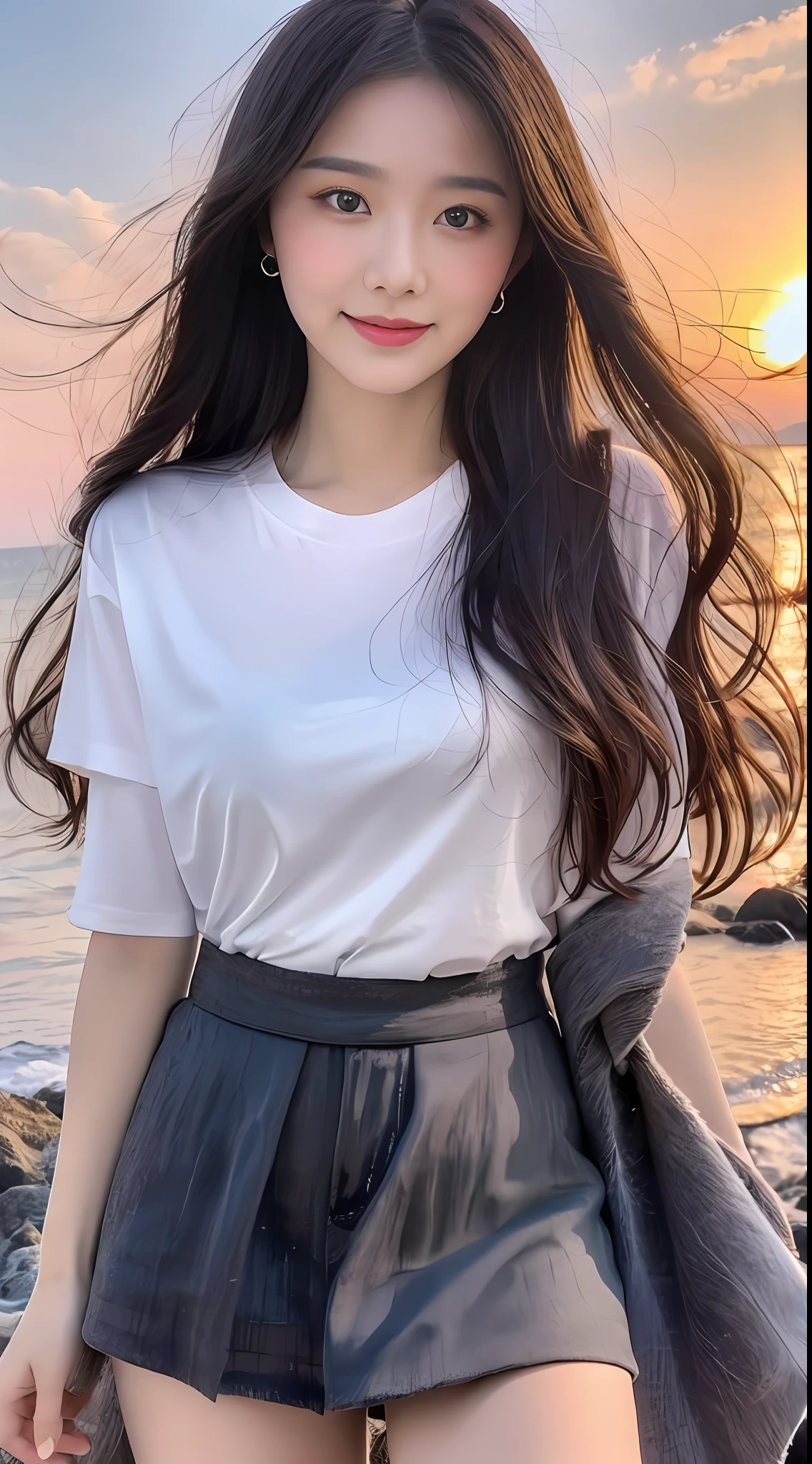 8k resolution, super high resolution, best picture quality, beautiful girl, moist lips, peerless beauty, messy black straight hair, shawl long hair, fluffy hair, rich and beautiful makeup, exquisite and perfect facial features, sapphire eyes, blush, sweet smile,
(((sunset sky)))) by the sea (dressed in white
Tight T-shirt), short skirt, macro shot, beautiful detail sky.