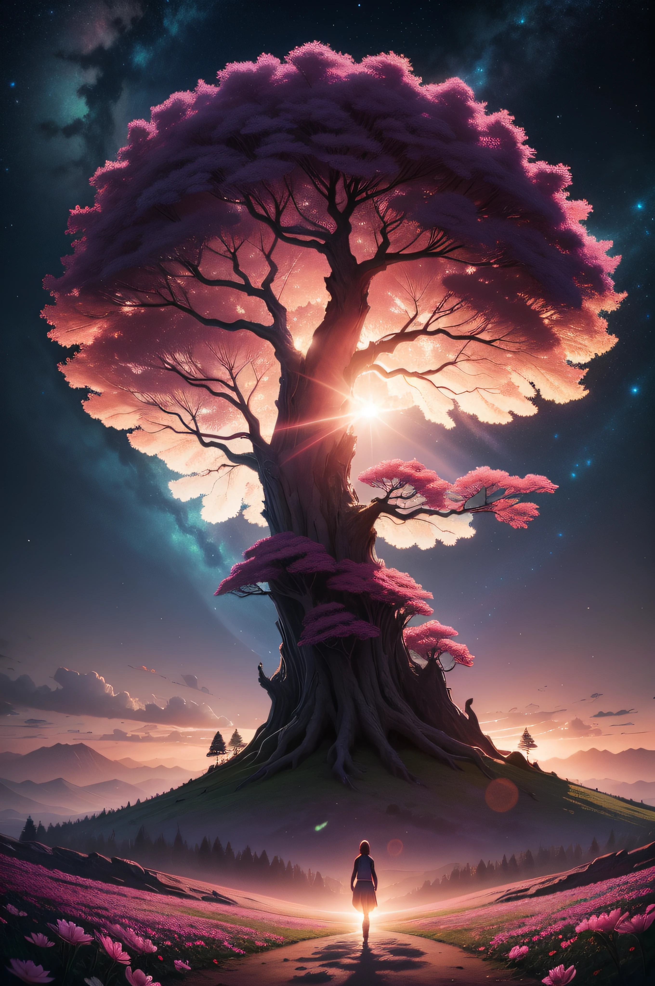 arvore bem alta com tronco escuro em um vale e uma copa bem ampla, flores rosas, noite,   landscape, sleepy, Futurism, Luminism, backlighting, lens flare, super detail, ccurate, best quality
