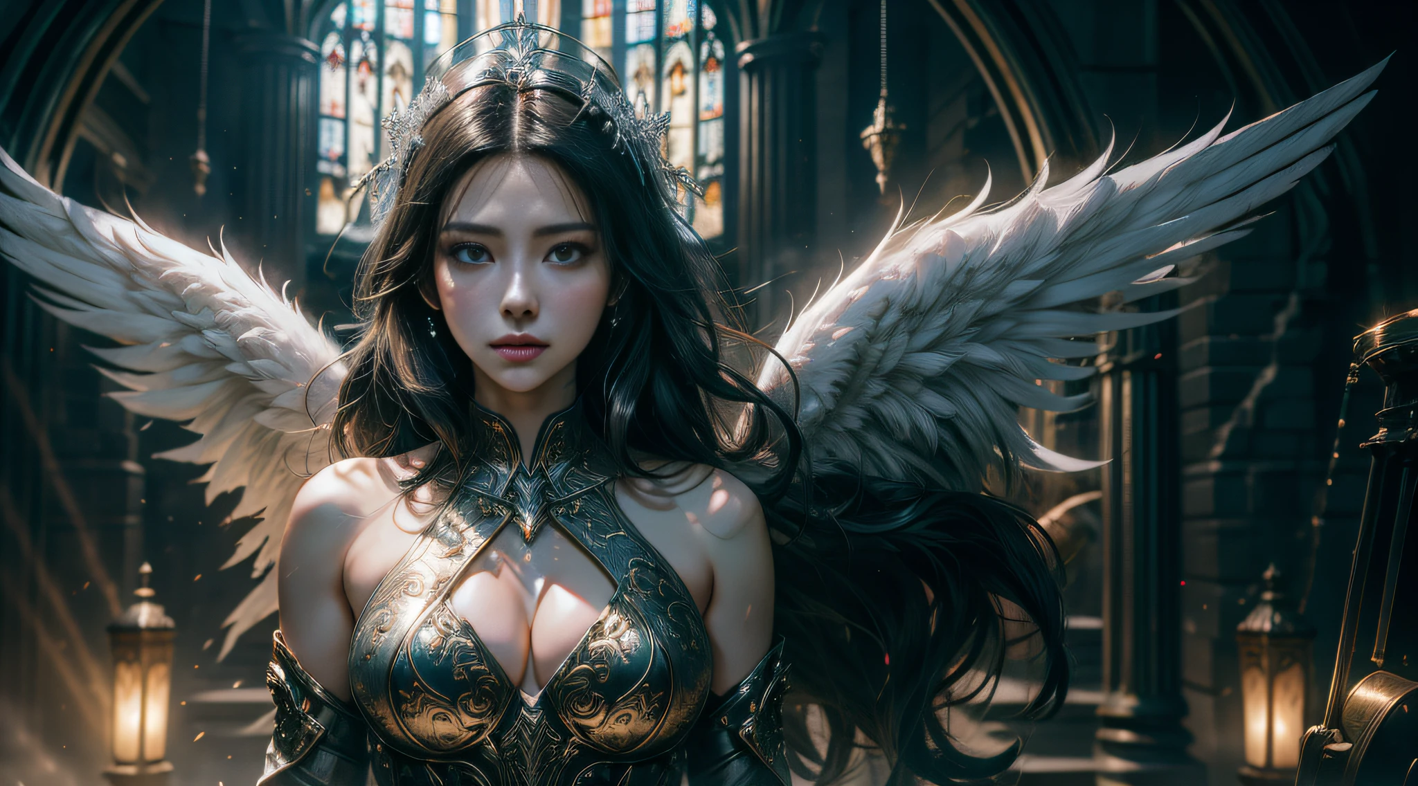 （（best qualtiy））， （（tmasterpiece））， （（Realistis））， （A detailed）， （realisticlying：1.5），illusory engine， (High detail: 1.9)，（femele：1.4），（big breasts beautiful： 1.4),(carismatic:1.3)， （Large breasts）， Female angel，Black feathered wings，beuaty girl，beauitful face， looking at viewert， dynamicposes， Church background，hdr， Ray traching， NVIDIA RTX， Hyper-Resolution， Unreal 5， sub surface scattering， PBR textures， Post-processing， Anisotropic filtering， depth of fields， Maximum clarity and sharpness， trichotomy，8K original，（Luminous Particle：1.4），（VerydetailedCG，Unity 8k壁纸，cinmatic lighting，lens flare glow），Reflectors，Sharp focus，black toga，Raised sexy