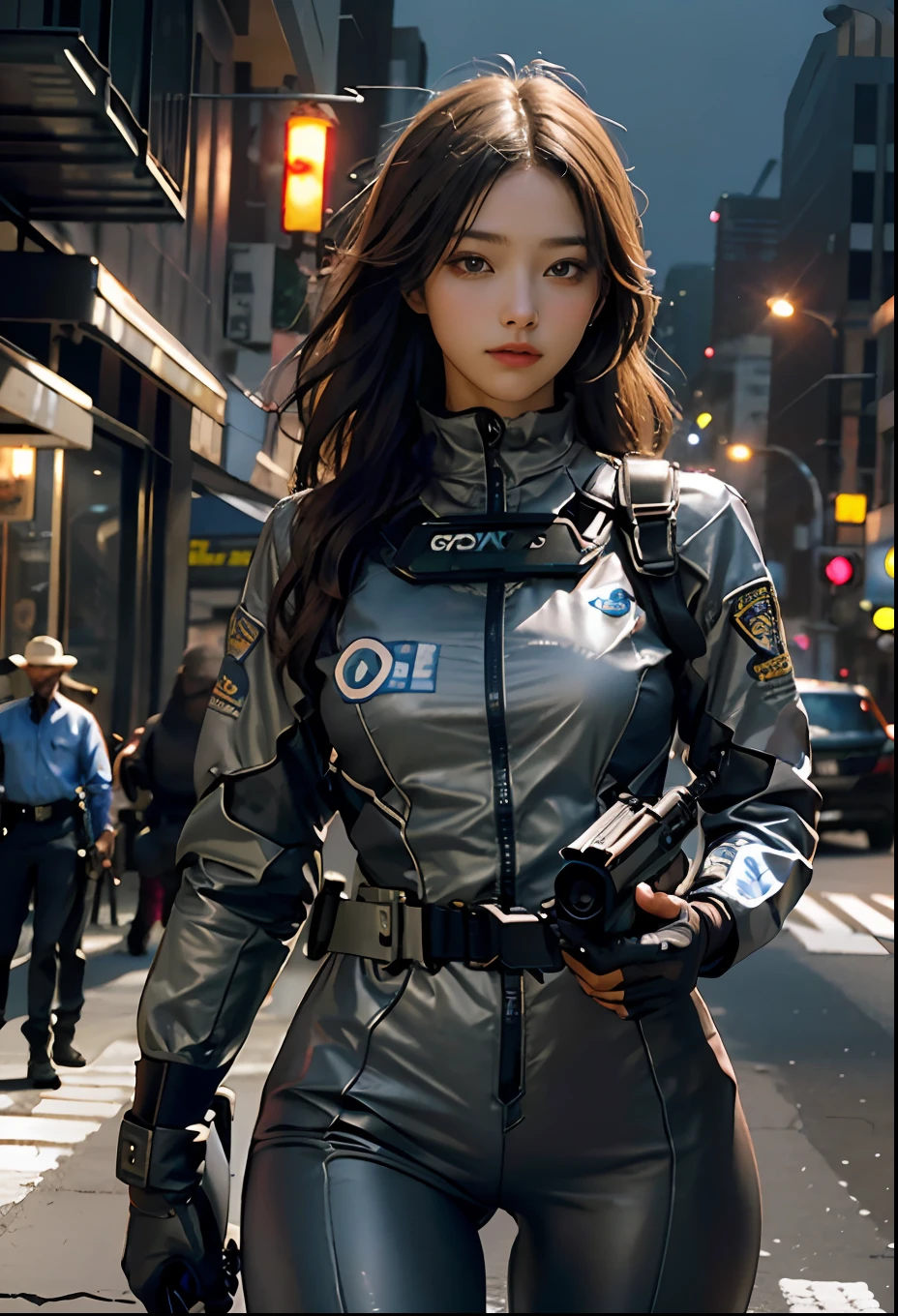 Highest image quality, outstanding details, ultra-high resolution, (realism: 1.4), the best illustration, favor details, highly condensed 1girl, with a delicate and beautiful face, ((cowboy shot)), (wearing racing suit likes police uniform, black and gray mecha, wearing a night-vision goggle, military harness, holding a machinegun or bring a machinegun, "SST"), peoples confusing, fires, smokes,