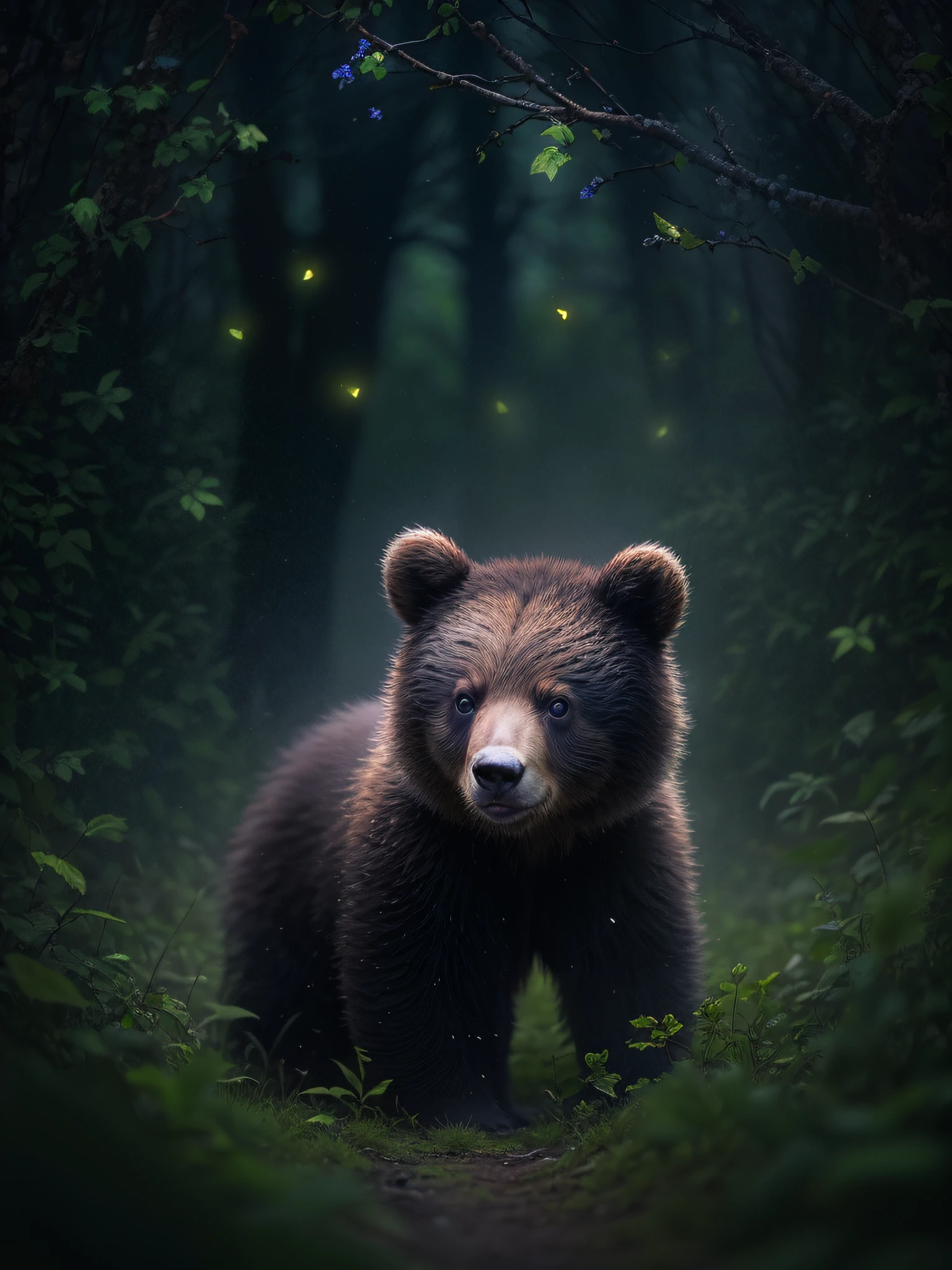 Close up photo of baby bear in enchanting forest、deep in the night、in woods、Back lighting、fireflys、Volumetric fog、The halo、bloom、Dramatic atmosphere、central、thirds rule、200mm 1.4F Macro Shot