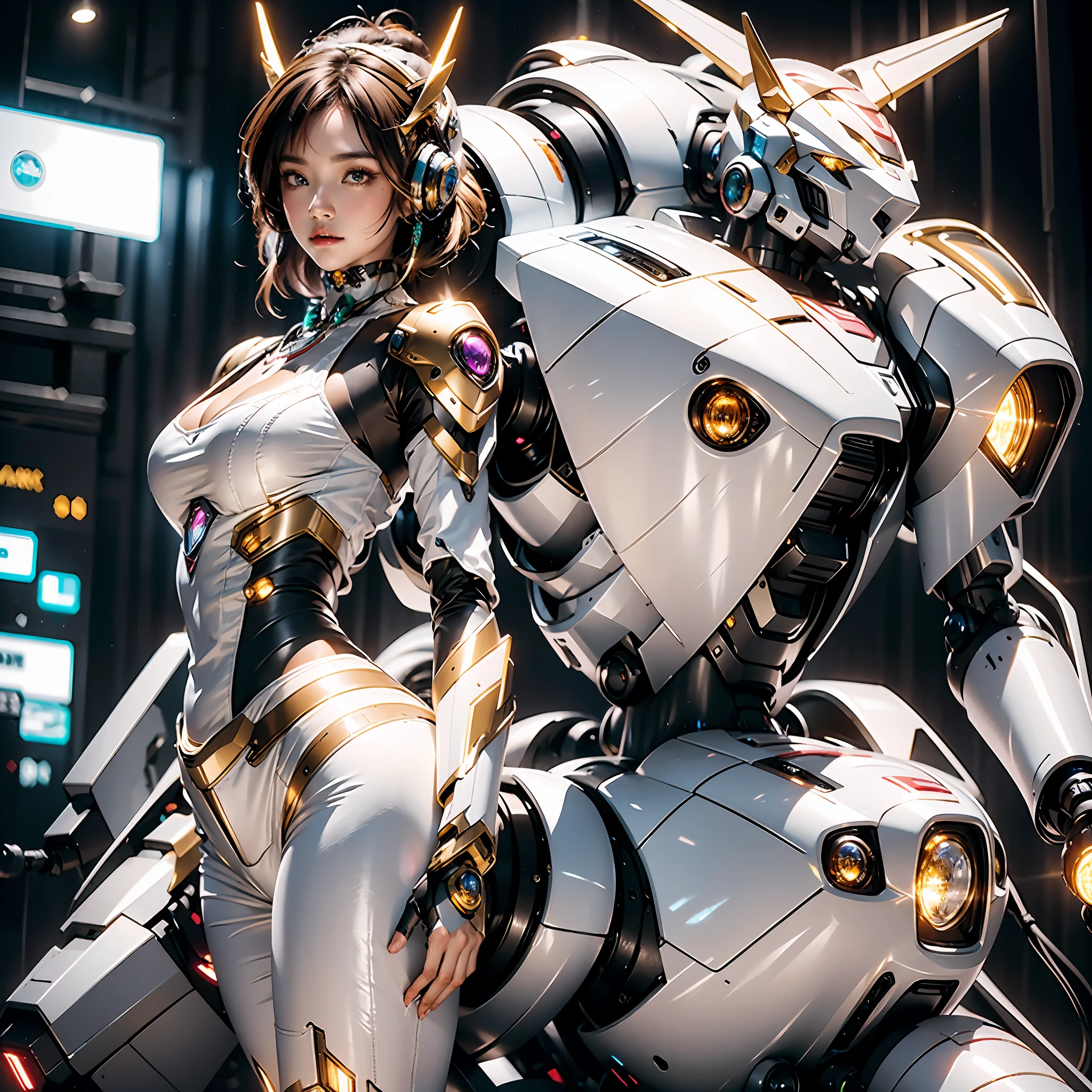 （（tmasterpiece，best qualtiy）），illustration，Ultra-detailed 8K，Clear focus，A highly detailed，Professional lighting，Colorful detailed，A girl and a mech，Beautuful Women，The girl wears a tight mech，Full body mecha，with headphones on，shelmet，choker necklace，eardrop，There is a large mech in the back，cranny，with light glowing，with light glowing，Complicated details，（（1girl stands in front of the audience）），Behind him was an oversized mech