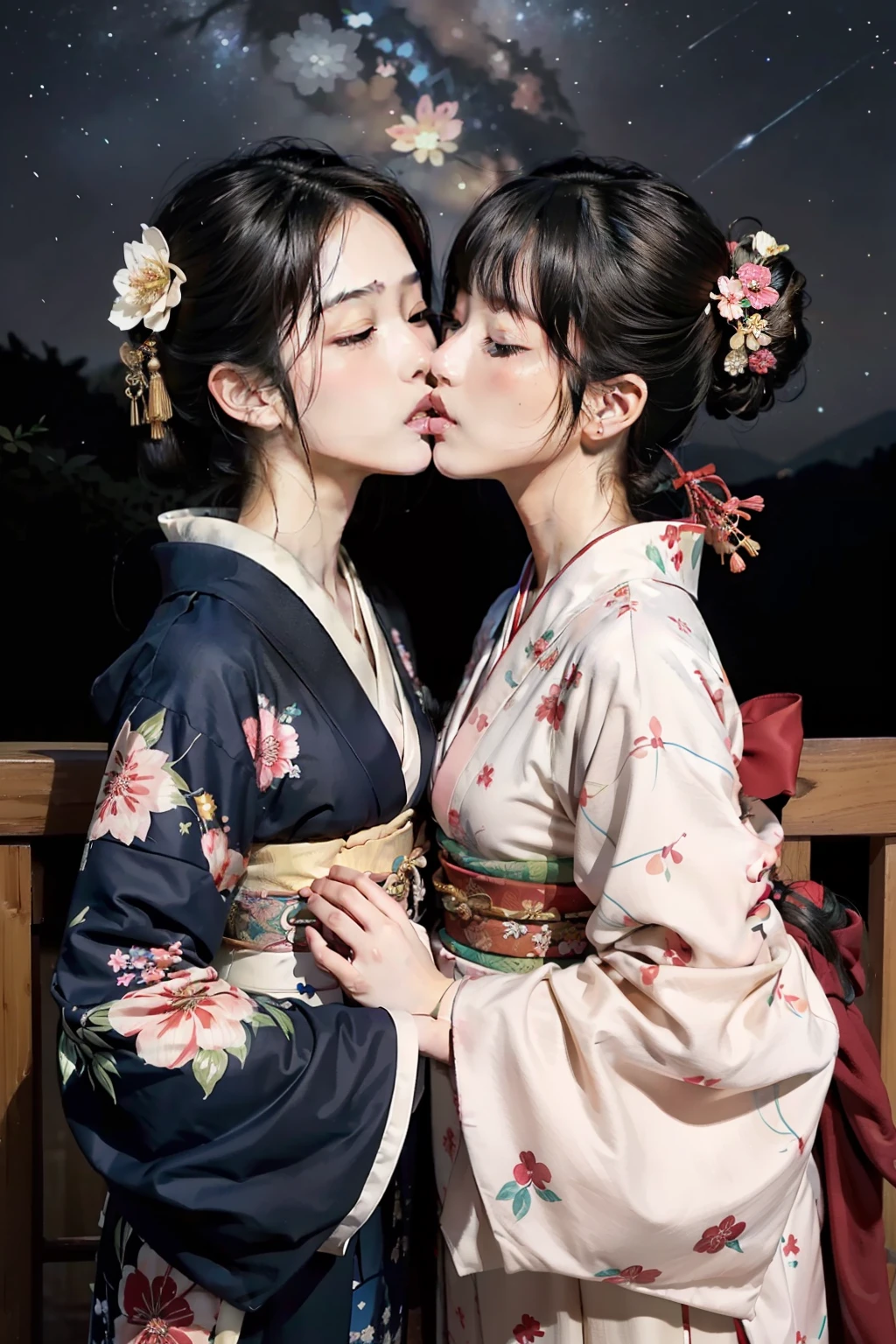 master-piece,hyper quality, hyper detailed,perfect drawing,two beautiful girls, lovers, dodging kisses, closing eyes, kimono beauty, kimono, kimono, kimono, black hair, japanese hair, half-open lips, sucking lips strongly, drooling, elegant, brilliant, beautiful, blush (0.2), gorgeous, beautiful, gorgeous, gentle, starry sky, milky way, summer triangle, Tanabata and bamboo ornaments, precise drawings, detailed drawings,