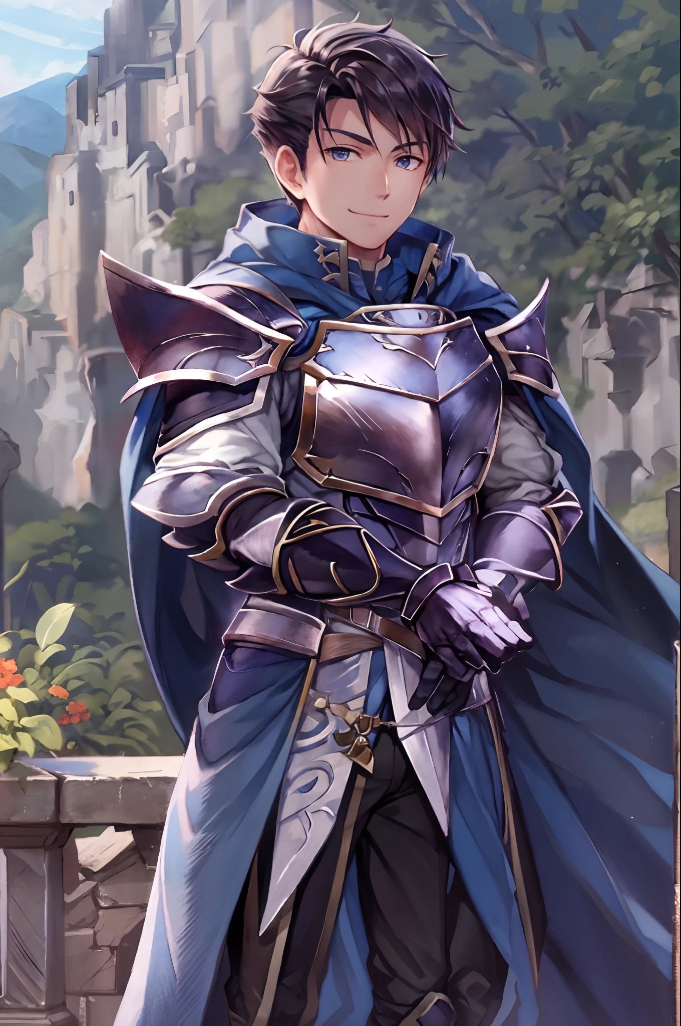 hector fe, ultra high quality cg, solo, looking at viewer, smile, upper body, gloves, 1boy, male focus, cape, armor, shoulder armor, scenery
