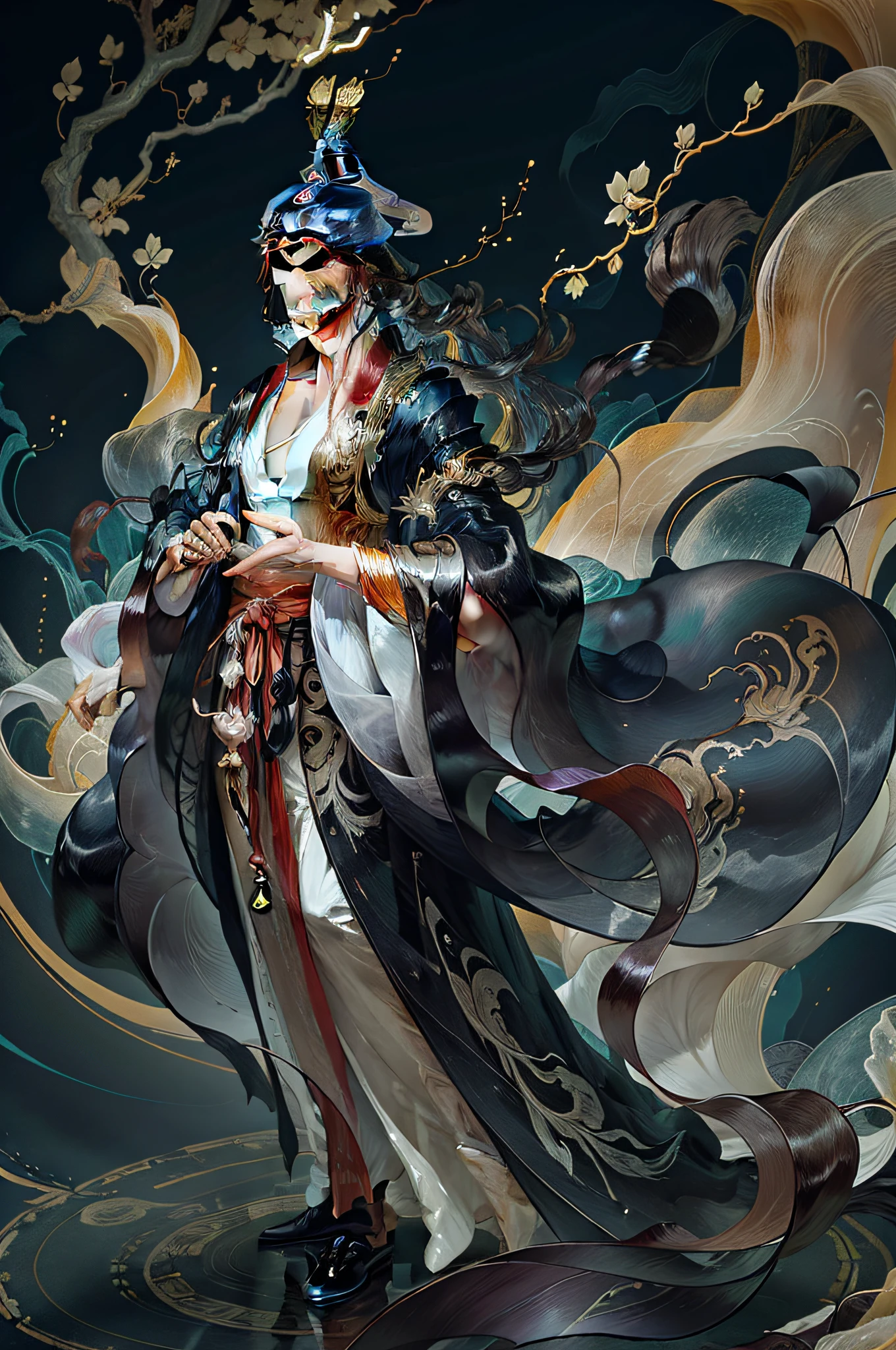 Handsome man in ancient China,stand posture,Like a fairy,The movements are casual and elegant,Long flowing hair,solid black background,Full body standing painting,Soft and flowing cloth, robe clothes