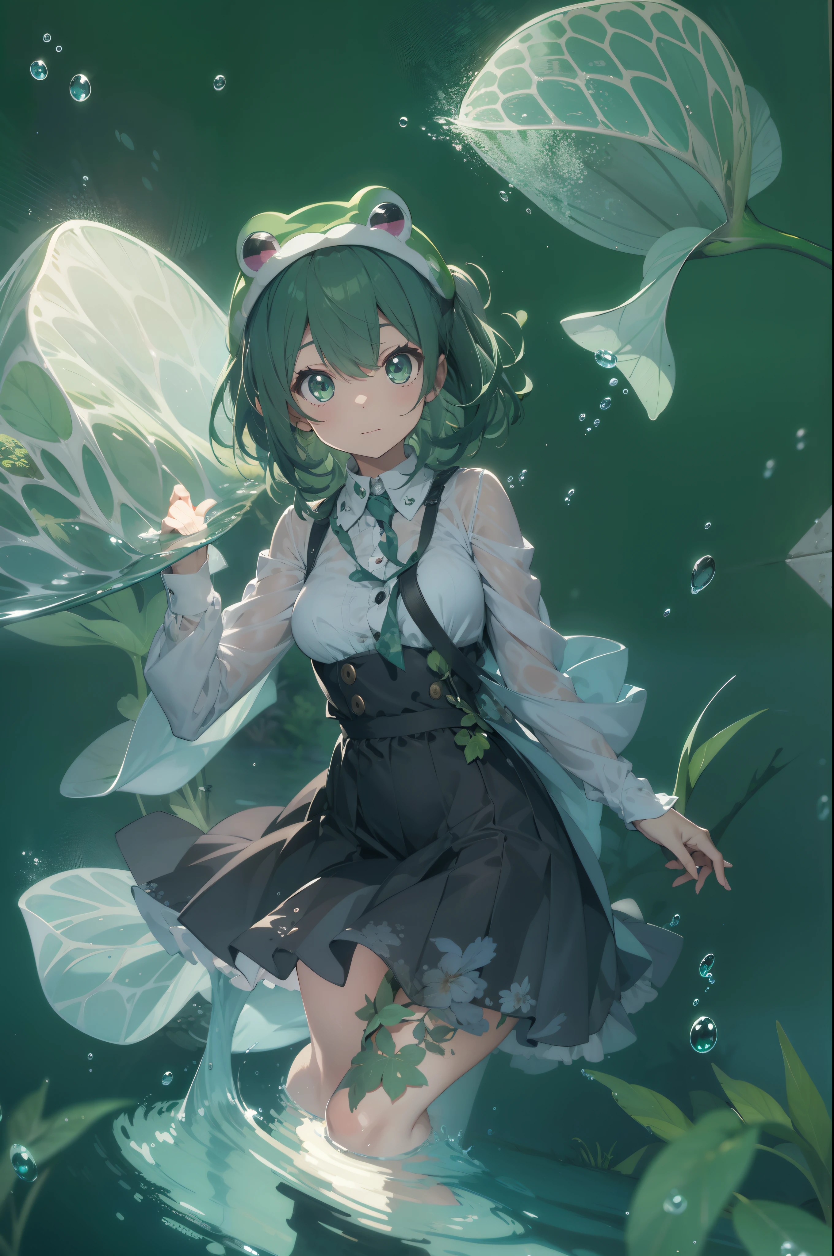 frog outfit, underwater, green short hair, dark eyes, cute girl, professional pixiv illustration, soft lighting, fractal,
