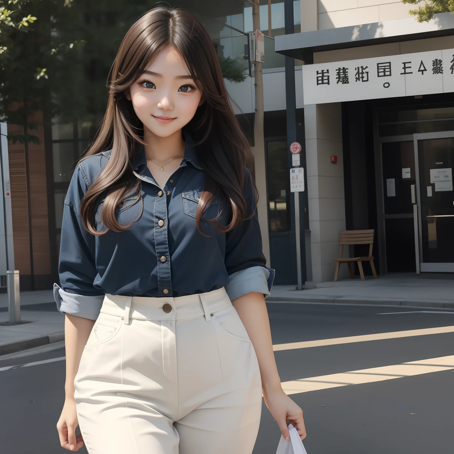 Young in his early 20s々Please draw a college student woman。She has adorable features.、For example, big eyes、Bright smile、Has soft hair curves。Her style and attire are typical of modern college students.、Her height is 167 cm。Standing posture, walking, etc.、Portray her in a pose that emphasizes her height。”
