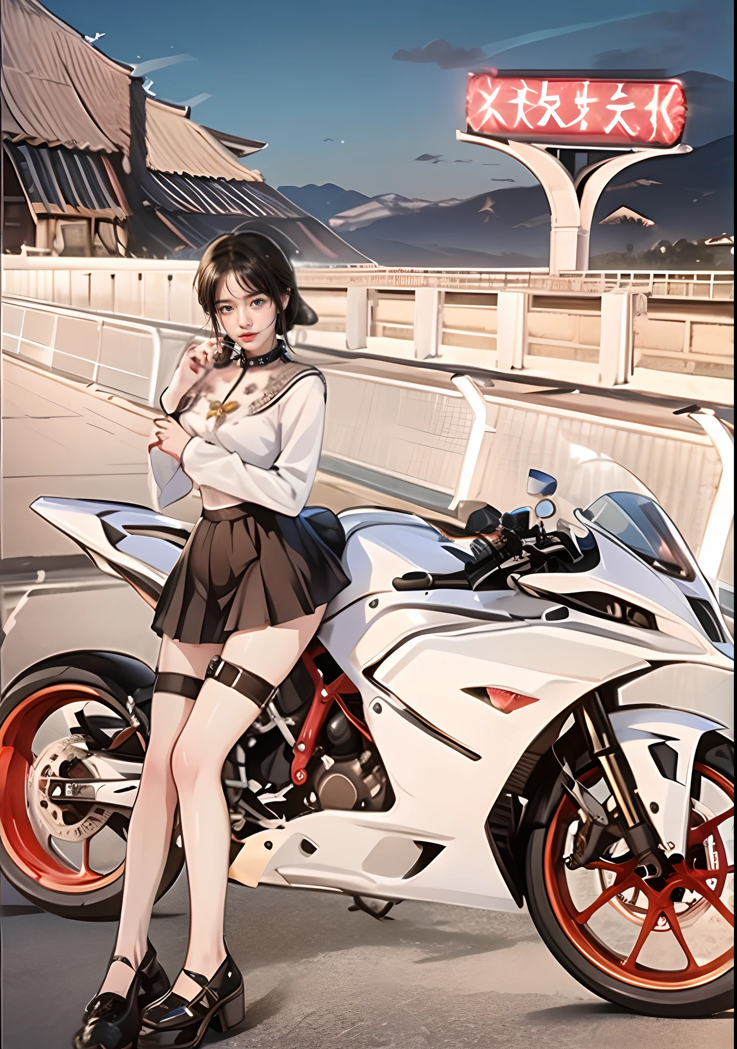 Girl sitting on a motorcycle in front of the building, motorcycle, girls frontline style, motorbiker, Guviz-style artwork, Style realism, Smooth CG art, trending on cgstation, Fine details. Girl Front, Guviz, trending at cgstation, by Yang J, morden style, 8K