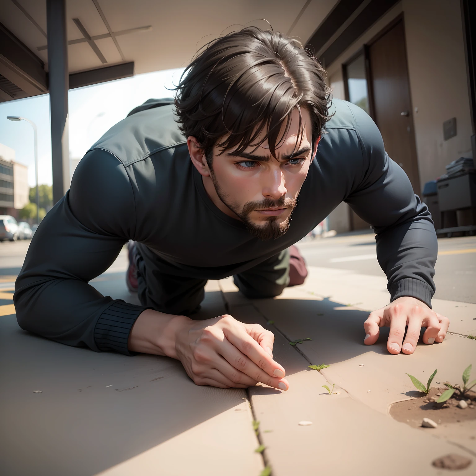 A man crawls on the ground