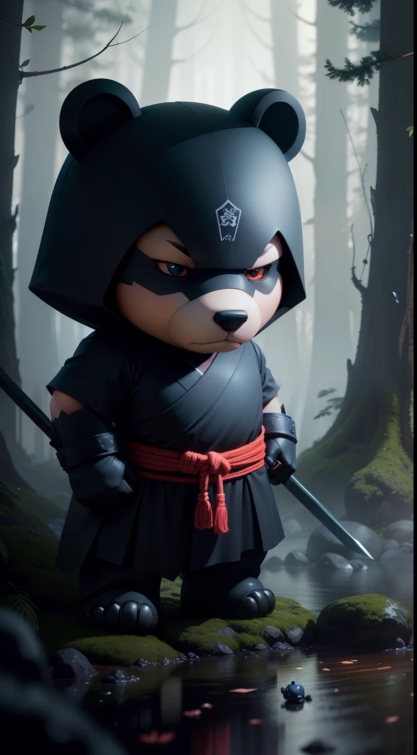 Create a vibrant dark fantasy cute ninja bear in a clean-lined minimalistic cartoon style, in the background a beautiful forest, rain, octane render, 8k