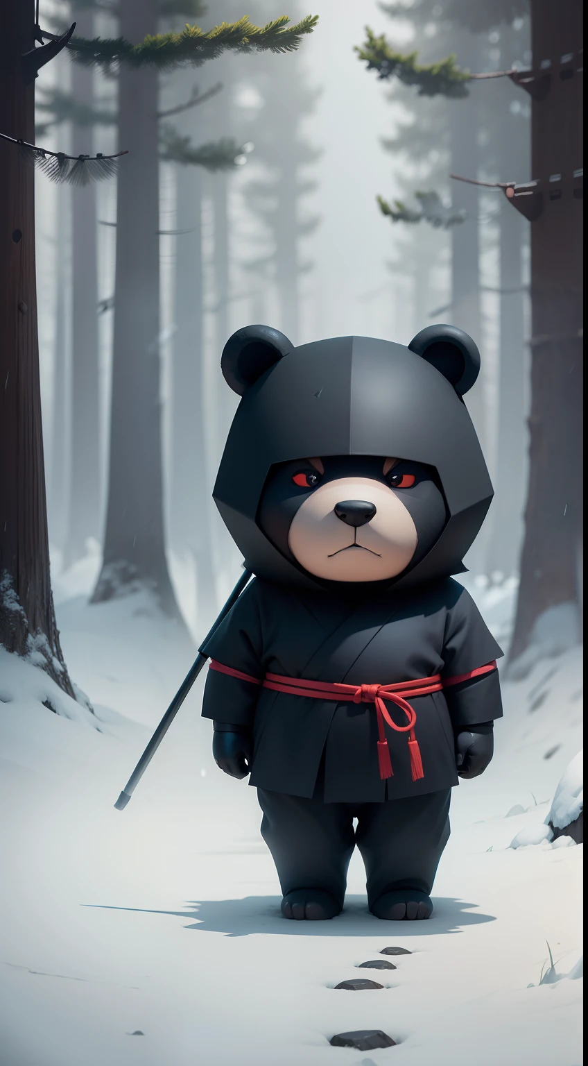 Create a vibrant dark fantasy cute ninja bear in a clean-lined minimalistic cartoon style, in the background a beautiful forest, rain, octane render, 8k
