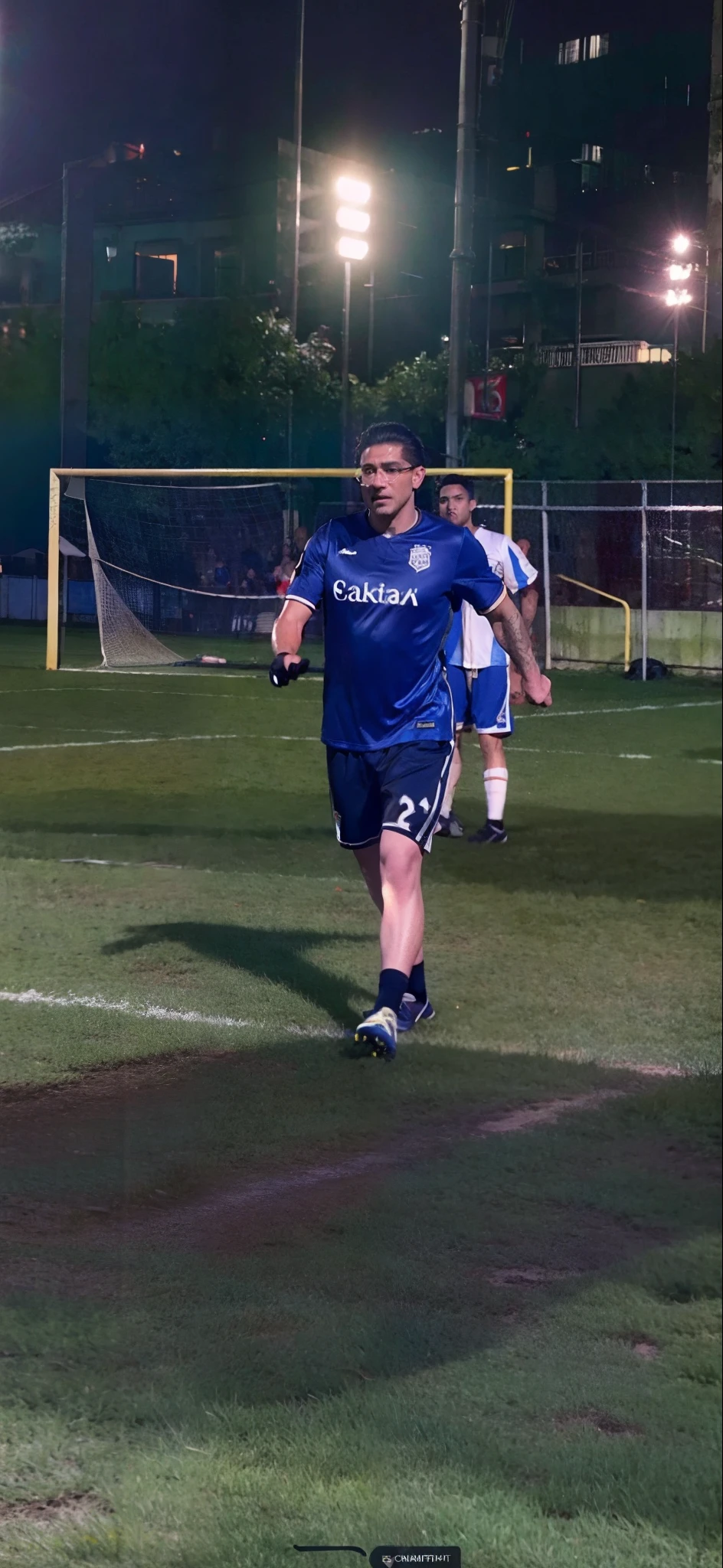 The captain wears glasses on his face,A serious expression,They play football on the pitch at night, taken with canon 8 0 d, action shot, play soccer, best qualtiy, tmasterpiece, 超A high resolution, (realisticlying:1.5), RAW photogr,in the darkness nigth, deep shading, low tune, cold light, short detailed hair,Black hair, surrealism, surrealism, Cinematic lighting, 8K, Super detail, High details, High quality, Award-Awarded, A high resolution, 16k, Anatomically correct, Textured skin