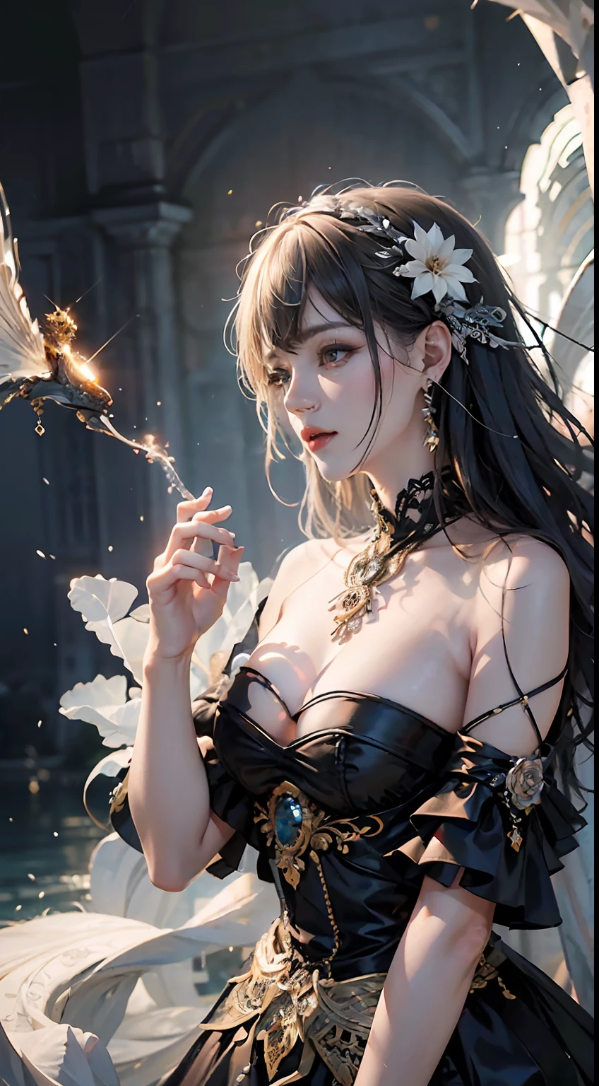 official art, unity 8k wallpaper, ultra detailed, beautiful and aesthetic, masterpiece, best quality, (zentangle, mandala, tangle, entangle), (fractal art:1.3) , 1girl, extremely detailed, dynamic angle, the most beautiful form of chaos, elegant, a brutalist designed, vivid colours, romanticism, by james jean, ross tran, francis bacon, michal mraz, adrian ghenie, petra cortright, gerhard richter, takato yamamoto, ashley wood, atmospheric, ecstasy of musical notes, streaming musical notes visible, flower effect , flower background , (water rainbows splash) , (ear wolf)