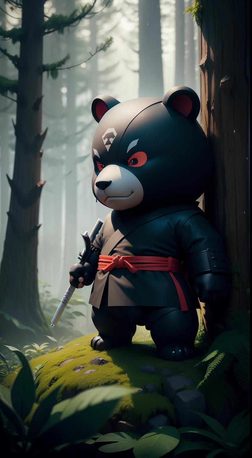 Create a vibrant dark fantasy cute ninja bear in a clean-lined minimalistic cartoon style, in the background a beautiful forest, rain, octane render, 8k