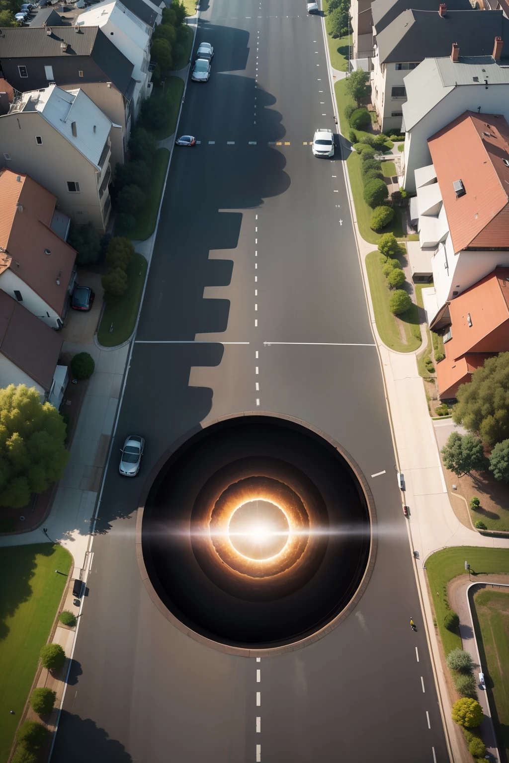 a black hole in the ground, in the middle of the street, suburbs, day, weird, from another dimension,