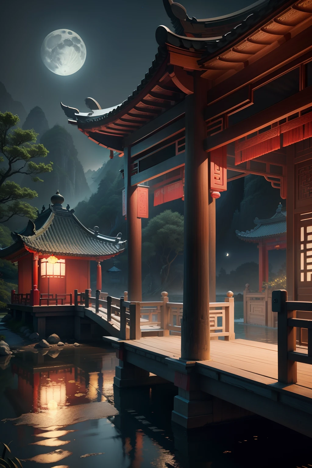 China-style,Ink landscape,Pavilion in the distance,small bridge flowing water,Tea and moonlight,milk tea,themoon,Qixi Festival,人物,Valentine's Day,branding,HD 4K,3D,ultraclear,Totem pattern,Textured shading