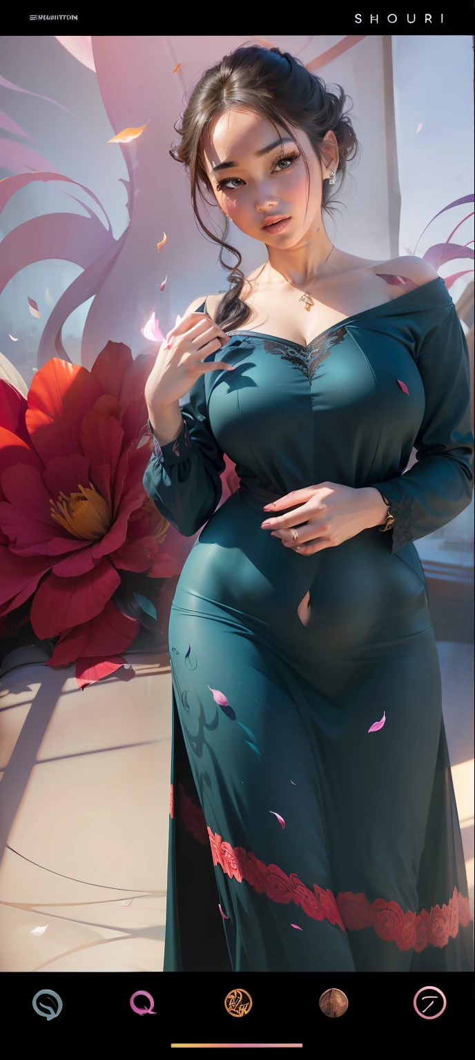 "Vibrant and dynamic, a captivating and alluring masterpiece. The subject, a woman, confidently shedding her dress. Stunning lighting and shadows accentuate her curves and create a sense of mystery. The environment is filled with a sense of energy, with swirling colors and falling petals. The overall