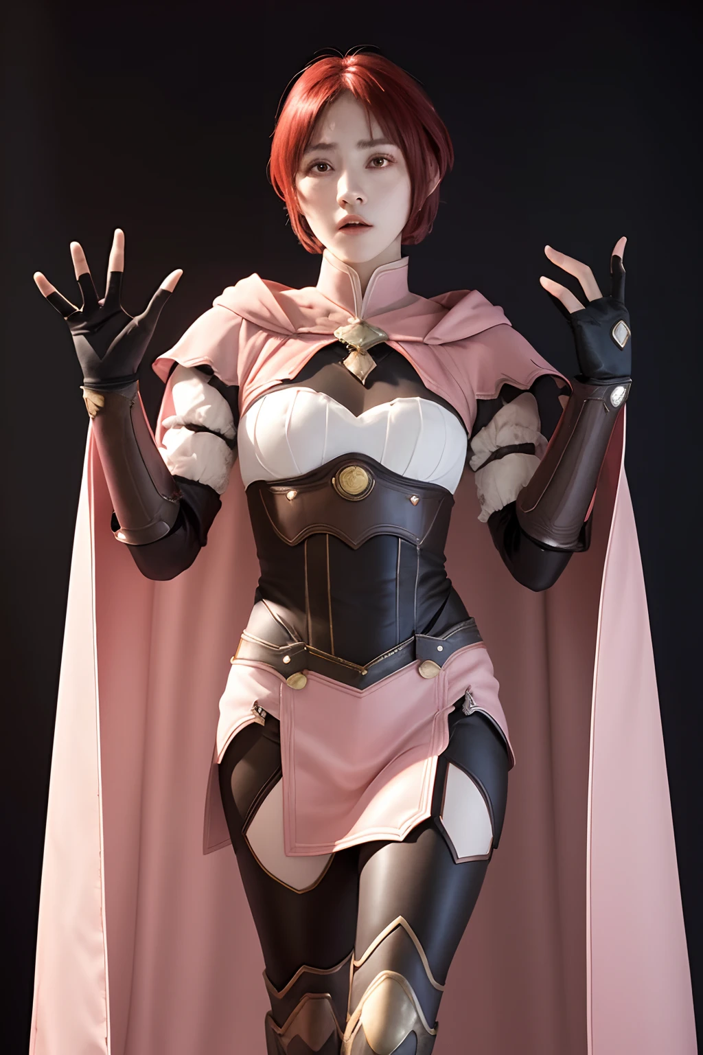 masterpiece, best quality, feMonica, feMonica, short hair, red cape, pink dress, white leggings, black gloves, brown boots, FEH, whole body, black background, simple background, purple magic, magic, furrowed brow