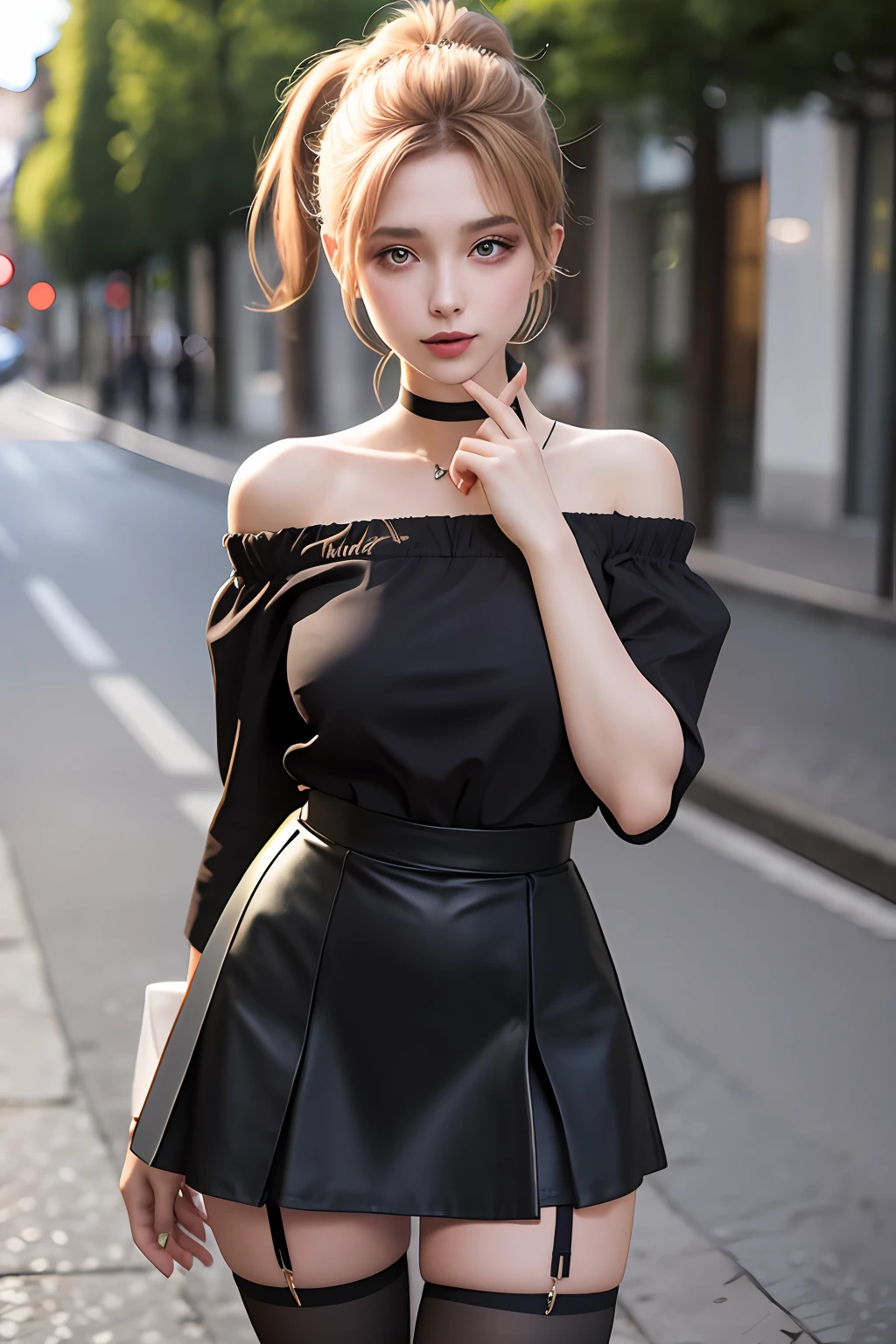 a beautiful 20yo Germany woman, off-shoulder shirt, high waist short skirt , thighhighs