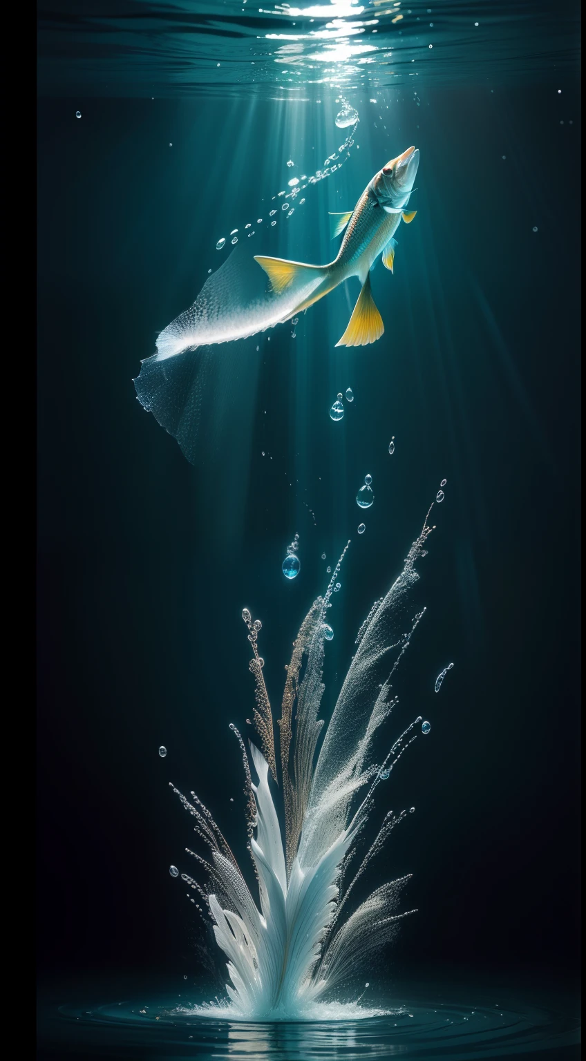 Here's a startling depiction of hyper-realistic accuracy, where a mesmerizing ornamental fish challenges your aquatic home, leaping with unbridled grace into the air. Water splashes on delicate droplets, suspended in a moment of suspended animation as the fish breaks free of its limits.
Every detail of the fish's luminous scales is meticulously caught, Their colors reflect a kaleidoscope of iridescence as they capture light. The movement of the fish is palpable, its streamlined body captured in the middle of the jump, Dynamic movement frozen in time.
Against the rich backdrop of chiaroscuro lighting, A cena exala um ambiente sobrenatural, enfatizando o salto do peixe para a liberdade. O jogo de luz e sombra aumenta o drama, Throwing a dramatic spotlight on the aquatic spectacle.
In this masterpiece of photographic realism, The viewer is invited to witness the intricate play of light, movimento, e forma como o peixe ornamental embarca em sua jornada ousada, leaving a trail of water droplets in their wake. The result is an immersive visual experience that transcends the boundaries of traditional art, convidando-o a explorar os reinos da beleza hiper-detalhada.