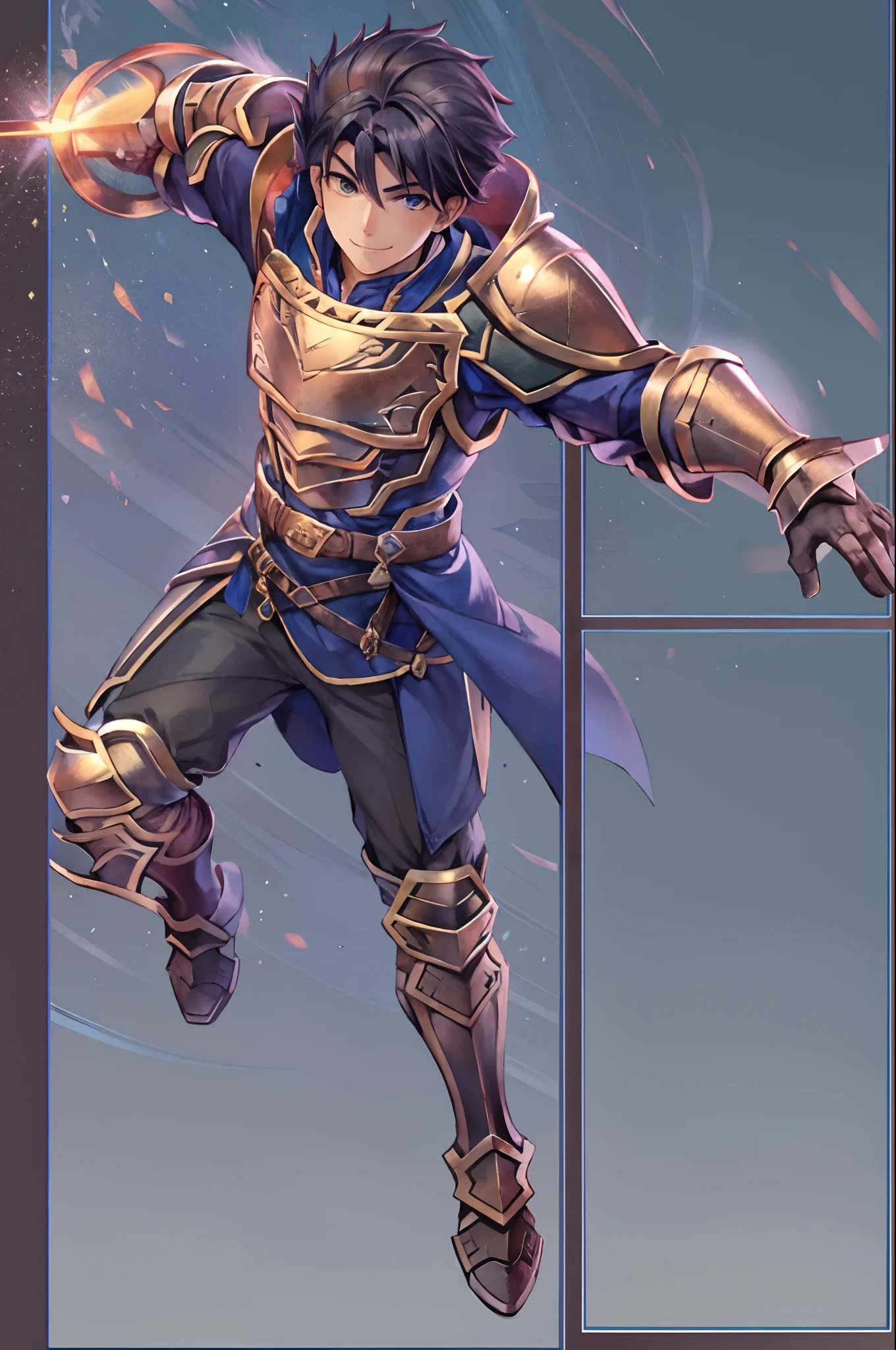 hector fe, ultra high quality cg, solo, looking at viewer, smile, upper body, gloves, 1boy, male focus, cape, armor, shoulder armor, scenery
