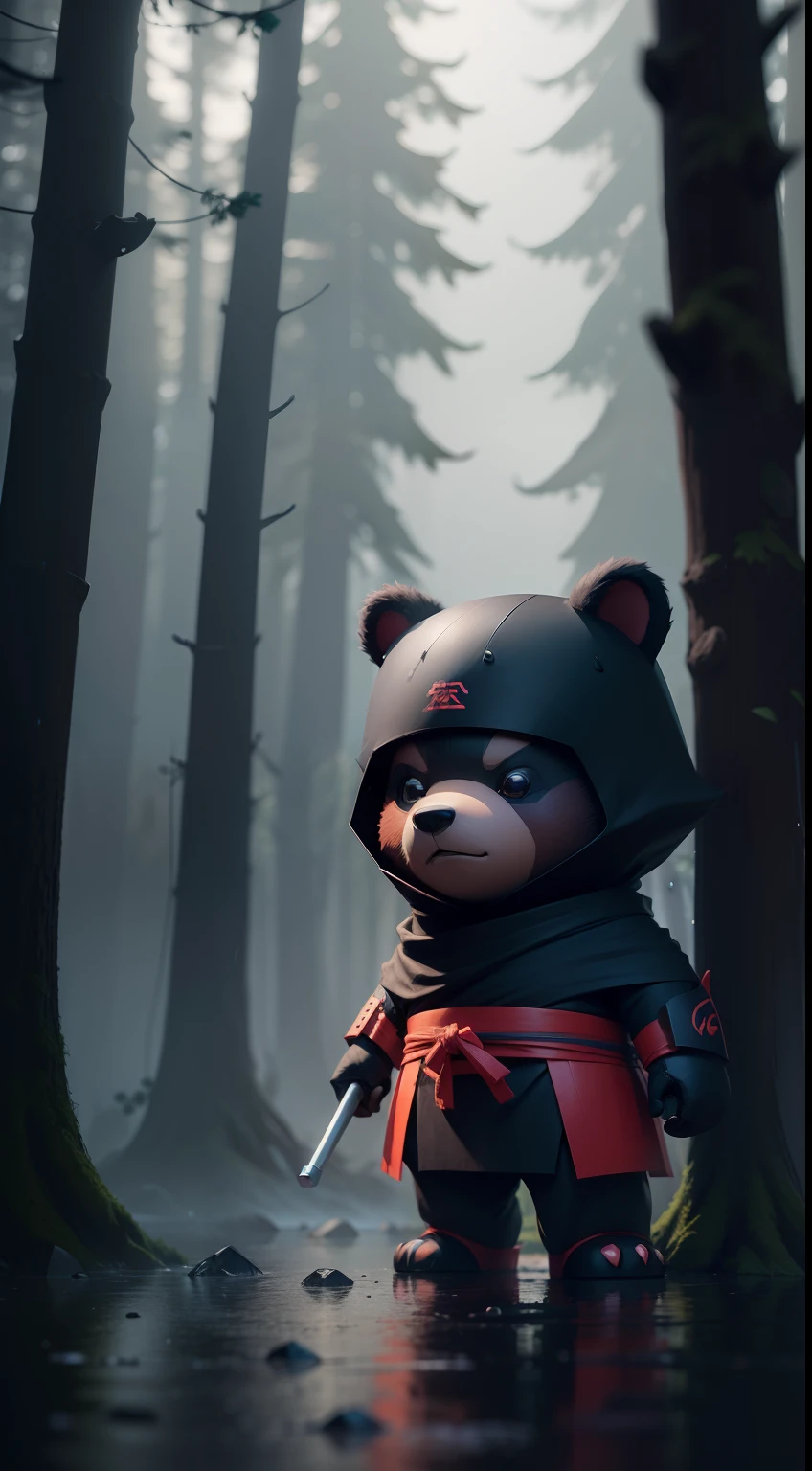 Create a vibrant dark fantasy cute ninja bear in a clean-lined minimalistic cartoon style, in the background a beautiful forest, rain, octane render, 8k