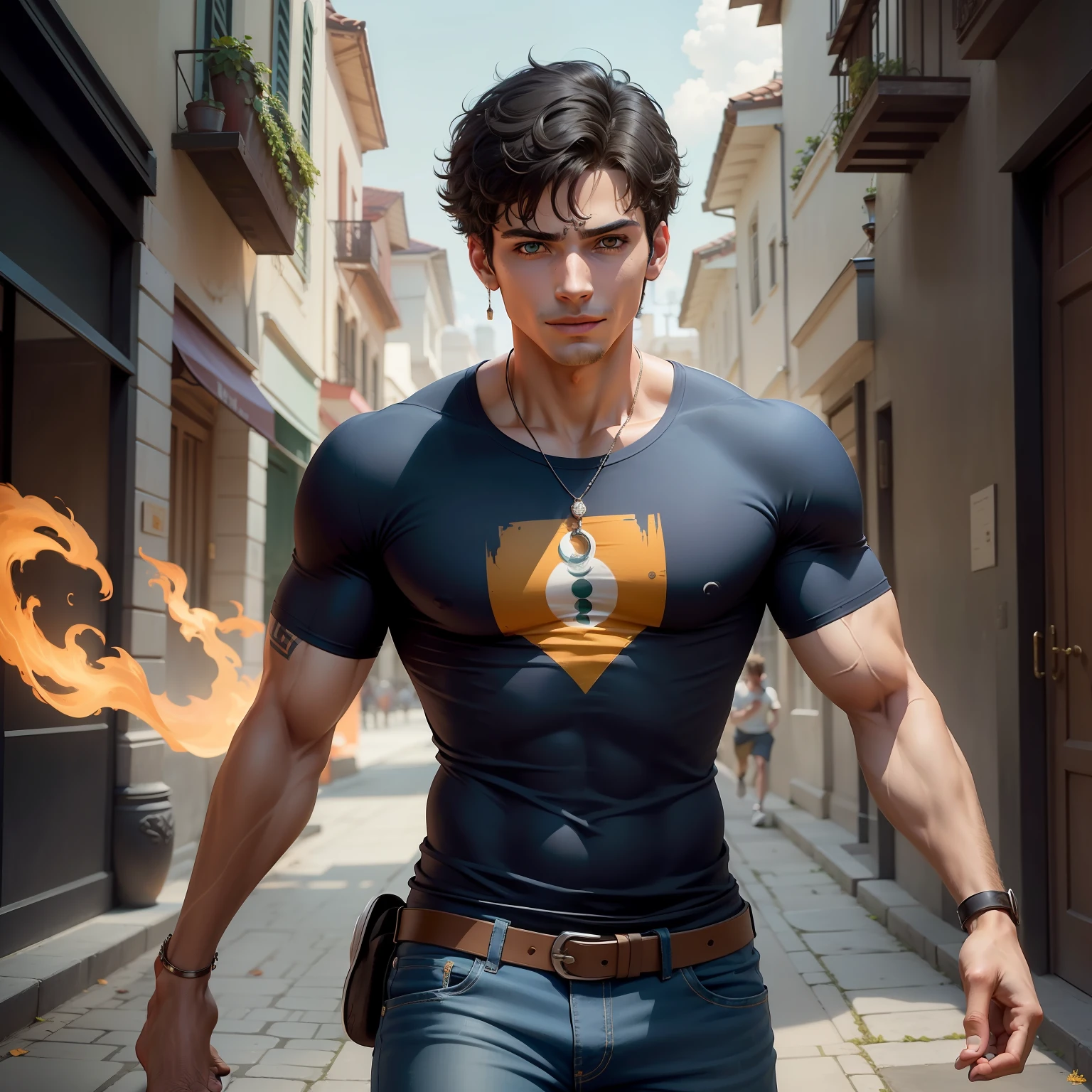 Percy Jackson is a young man of about 16 years, com cabelos negros desgrenhados que caem em mechas rebeldes sobre sua testa. His eyes are a deep shade of sea-green, who shine with a mixture of wit and mischief. His face is young and full of energy, com sardas leves espalhadas pelo nariz e bochechas.

He has an athletic posture and an average height, with firm, toned muscles resulting from his adventures as a demigod. Percy is usually seen wearing an orange Camp Half-Blood T-shirt, who displays his pride in his divine heritage. It complements your look with comfortable jeans and sneakers, prontos para qualquer desafio que possa surgir.

in your arms, It is common to see scars from past battles, Memories of his courage and determination to face danger. Percy tem um sorriso brilhante e travesso, which reveals his playful spirit and sharp sense of humor. Ele carrega consigo uma aura de valentia e lealdade, attributes that helped him become an admired and respected hero.

An image created by artificial intelligence could portray Percy Jackson as a fearless and charismatic young man, with an athletic appearance and an irresistible smile. A imagem poderia destacar seus cabelos negros rebeldes, seus olhos verdes-mar penetrantes e a camiseta laranja do acampamento Meio-Sangue, who became an iconic symbol of his journey as a hero.