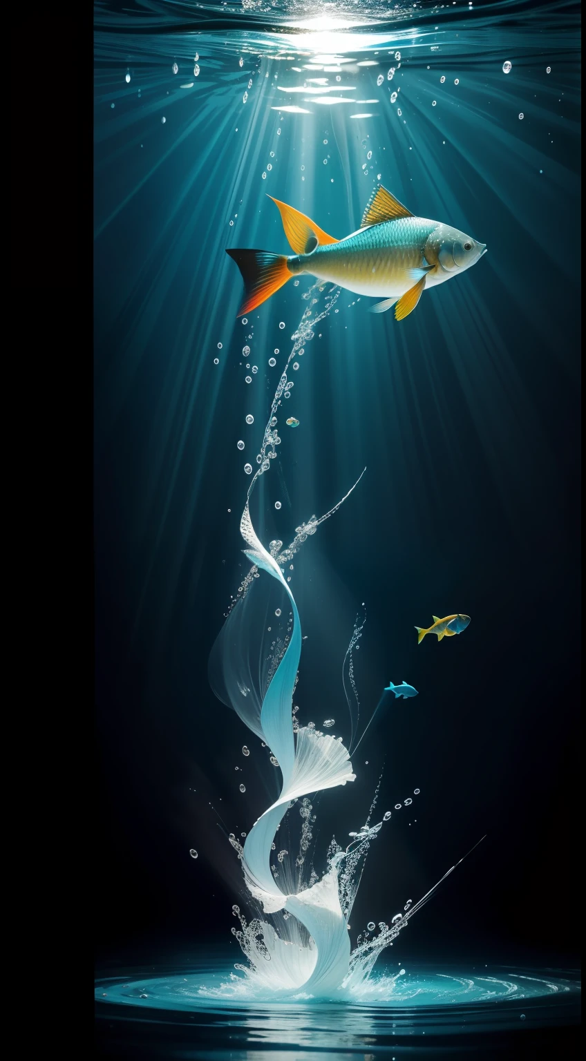 Here's a startling depiction of hyper-realistic accuracy, where a mesmerizing ornamental fish challenges your aquatic home, leaping with unbridled grace into the air. Water splashes on delicate droplets, suspended in a moment of suspended animation as the fish breaks free of its limits.

Every detail of the fish's luminous scales is meticulously caught, Their colors reflect a kaleidoscope of iridescence as they capture light. The movement of the fish is palpable, its streamlined body captured in the middle of the jump, Dynamic movement frozen in time.

Against the rich backdrop of chiaroscuro lighting, A cena exala um ambiente sobrenatural, enfatizando o salto do peixe para a liberdade. O jogo de luz e sombra aumenta o drama, Throwing a dramatic spotlight on the aquatic spectacle.

In this masterpiece of photographic realism, The viewer is invited to witness the intricate play of light, movimento, e forma como o peixe ornamental embarca em sua jornada ousada, leaving a trail of water droplets in their wake. The result is an immersive visual experience that transcends the boundaries of traditional art, convidando-o a explorar os reinos da beleza hiper-detalhada.