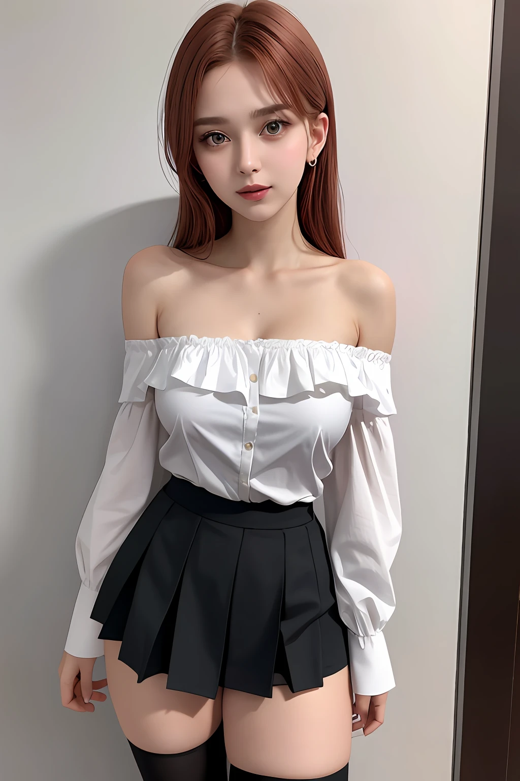 a beautiful 20yo Germany woman, off-shoulder shirt, high waist short skirt , thighhighs