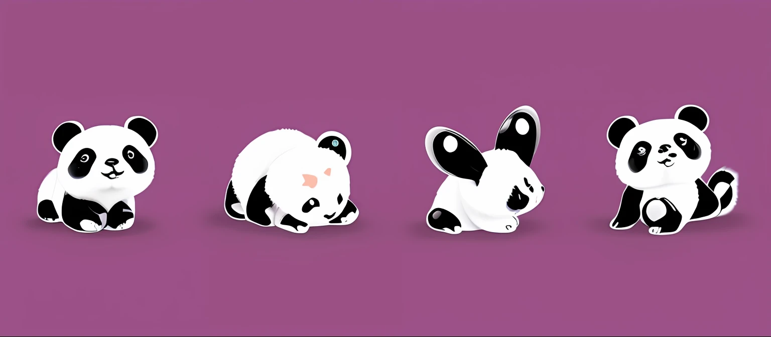 Three pandas lined up on purple background, panda panda panda, Panda, Cute panda, Cute earrings. Highly detailed, drooping rabbity ears, hor ears, oyasumi punpun, 1/160s, 1 / 1 6 0 s, Small ears, white with black spots, Ear, Round ears