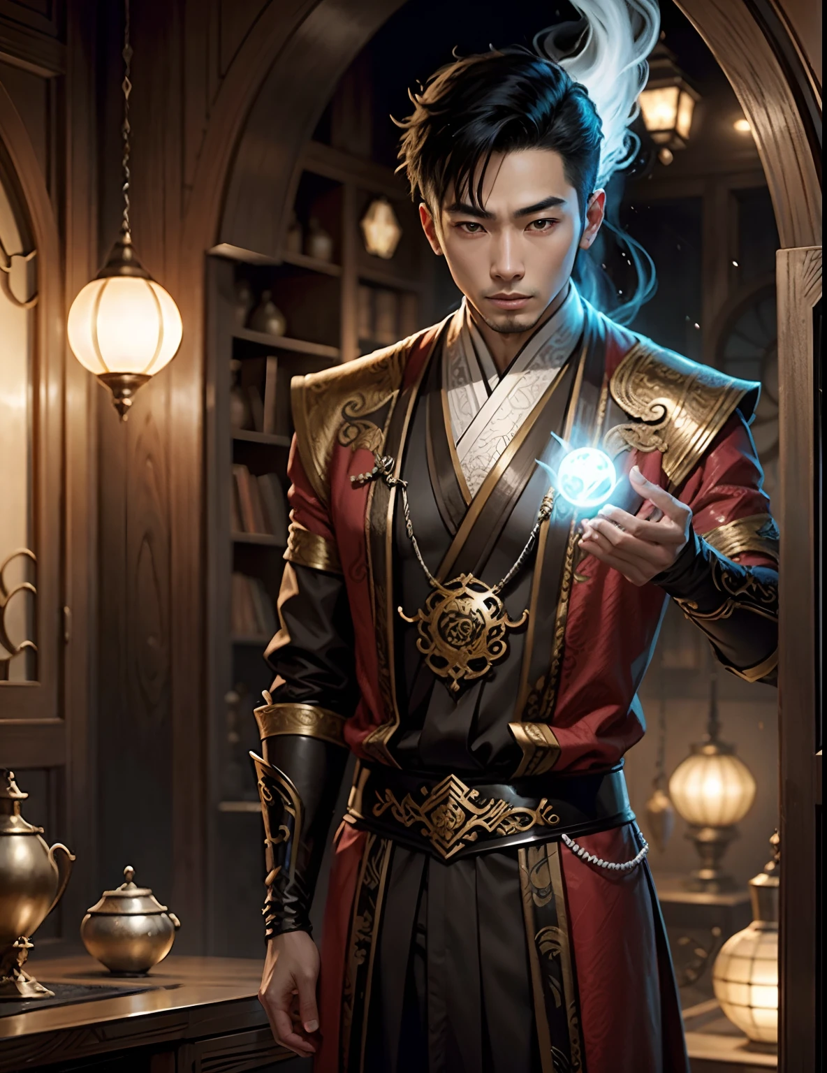 An oriental man in an alternate reality where advanced technology and magic coexist.