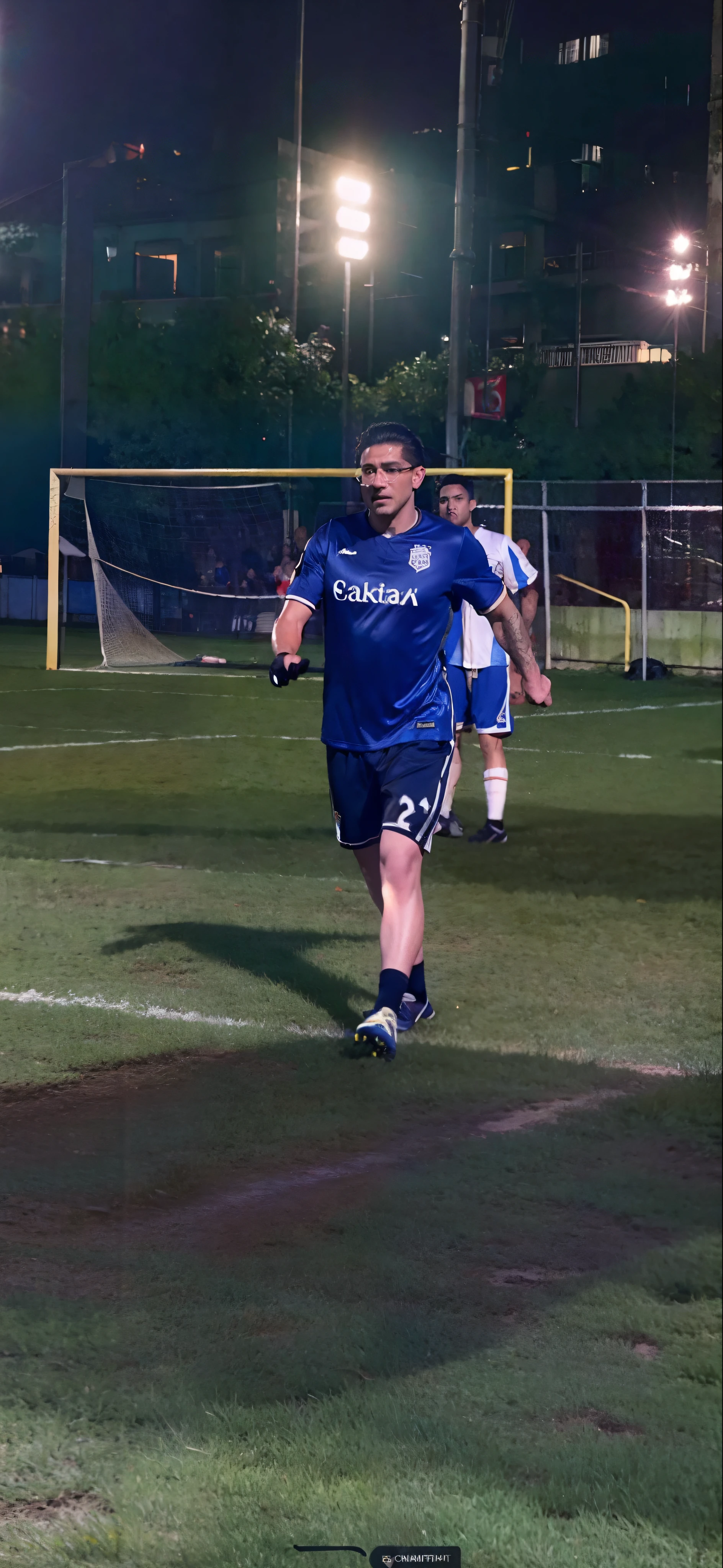 The captain wears glasses on his face,A serious expression,They play football on the pitch at night, taken with canon 8 0 d, action shot, play soccer, best qualtiy, tmasterpiece, 超A high resolution, (realisticlying:1.5), RAW photogr,in the darkness nigth, deep shading, low tune, cold light, short detailed hair,Black hair, surrealism, surrealism, Cinematic lighting, 8K, Super detail, High details, High quality, Award-Awarded, A high resolution, 16k, Anatomically correct, Textured skin