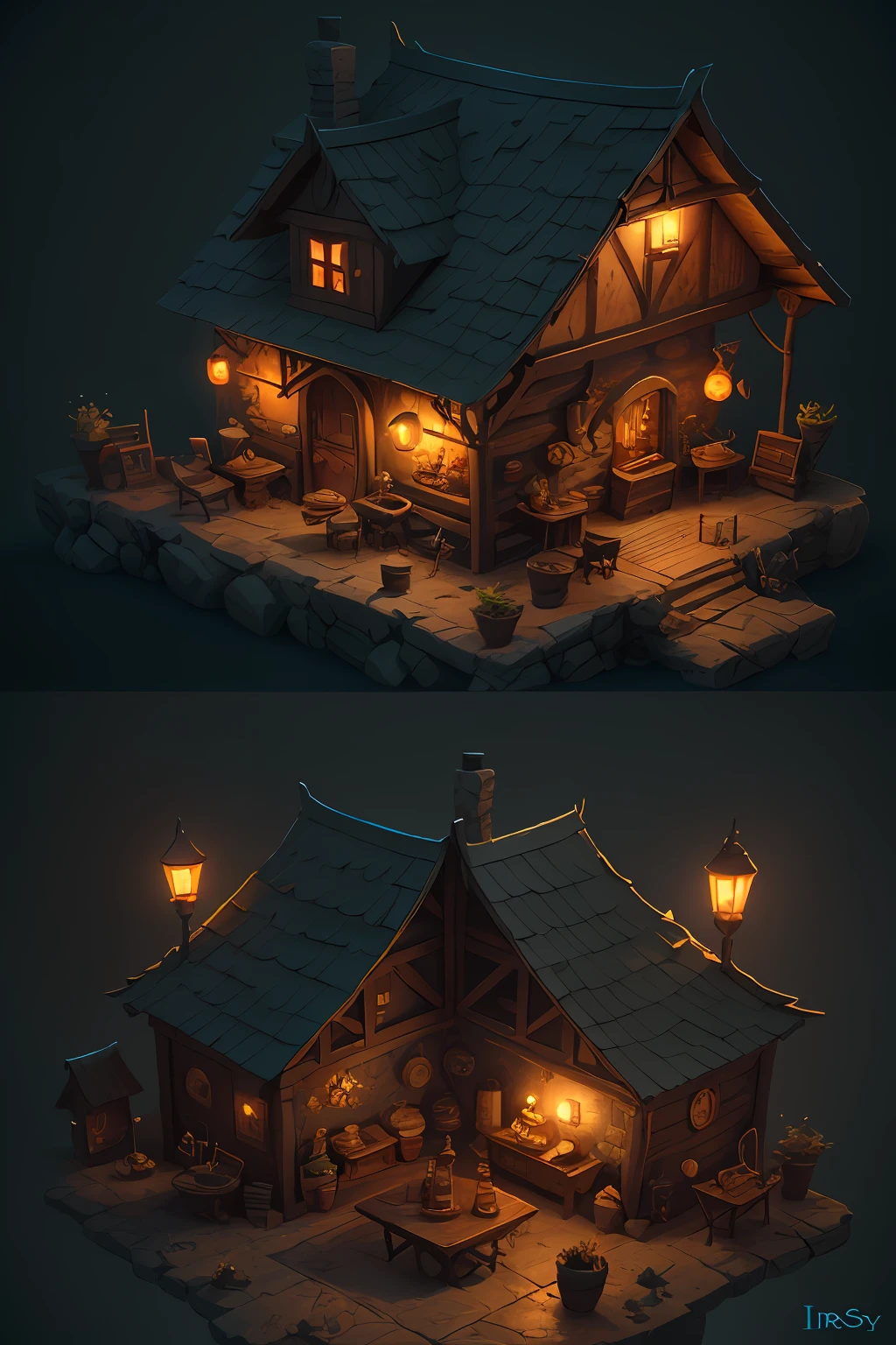 Close-up of a small building， Multi-dimensional comfortable building, Stylized game art, 3 d render stylized, Medieval Tavern, Stylized concept art, polycount contest winner, stylized 3d render, dimly-lit cozy tavern, isometric 2 d game art, isometric game art, Detailed game art